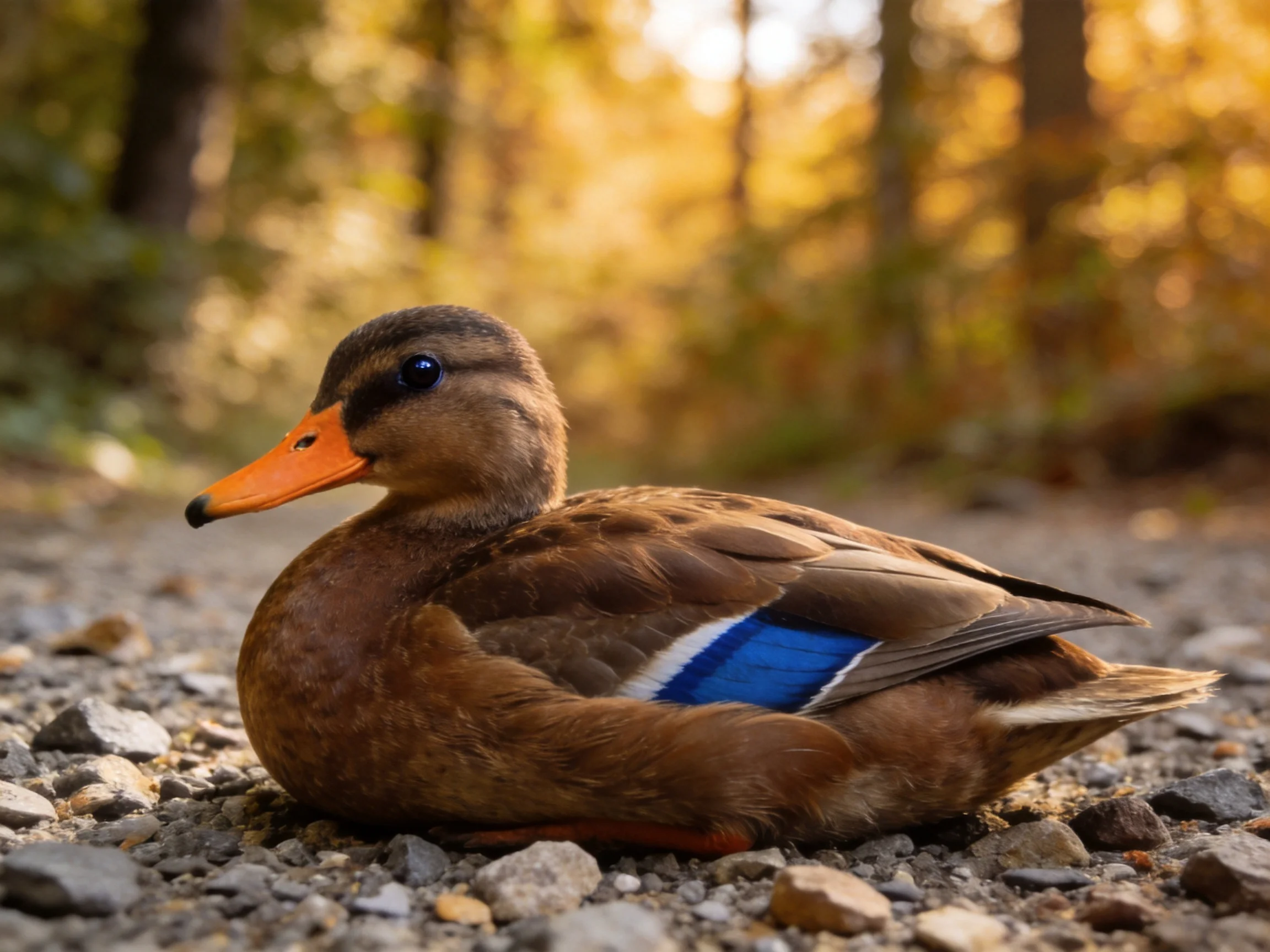 Brown duck with blue wing patch resting on gravel path near trees