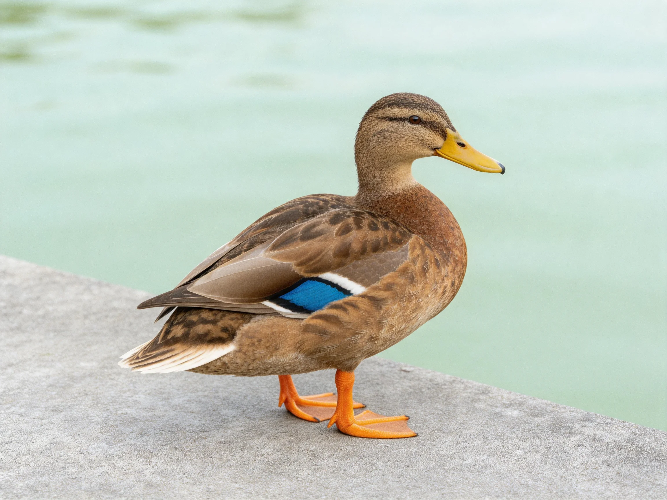 Brown duck with blue wing patch standing by calm water