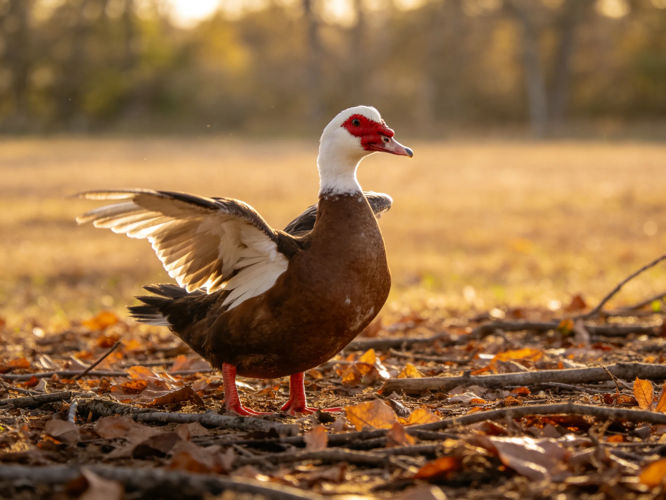 Brown duck with white neck, red face spreads wings amid fallen leaves