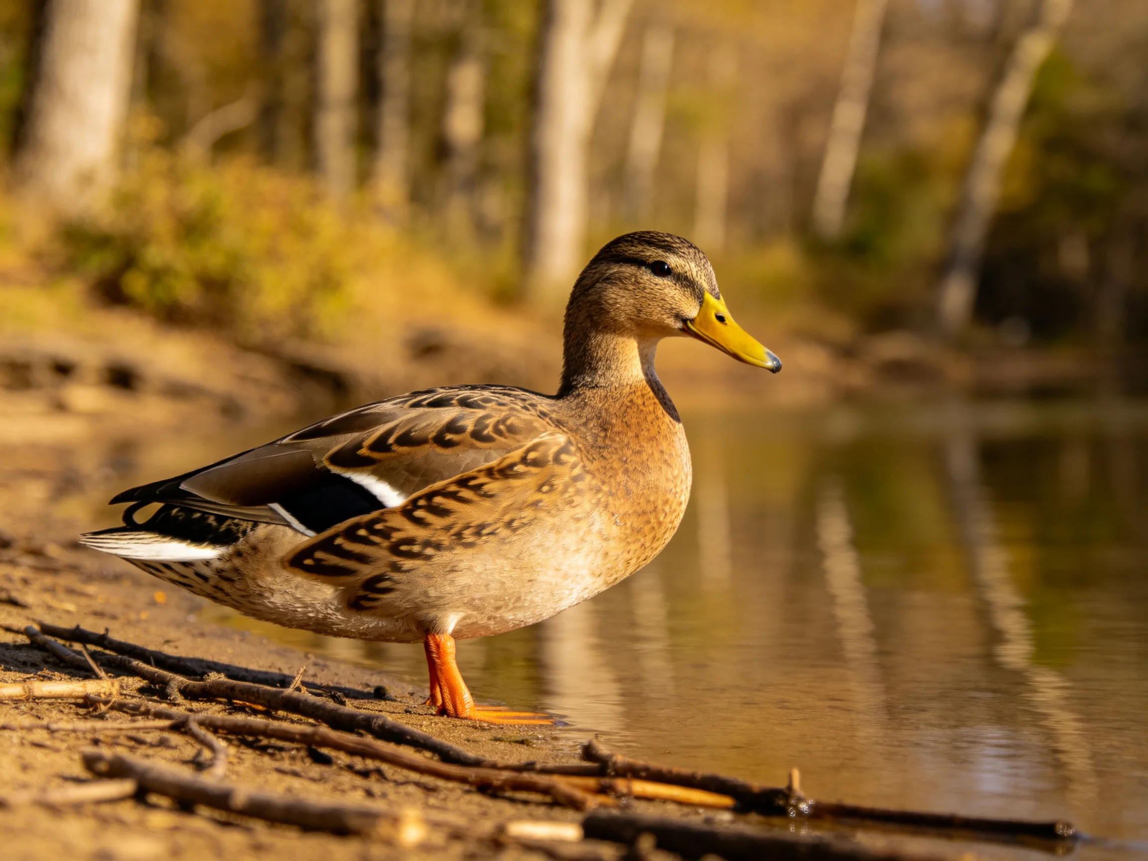 A brown duck with a yellow beak stands near calm water and trees.