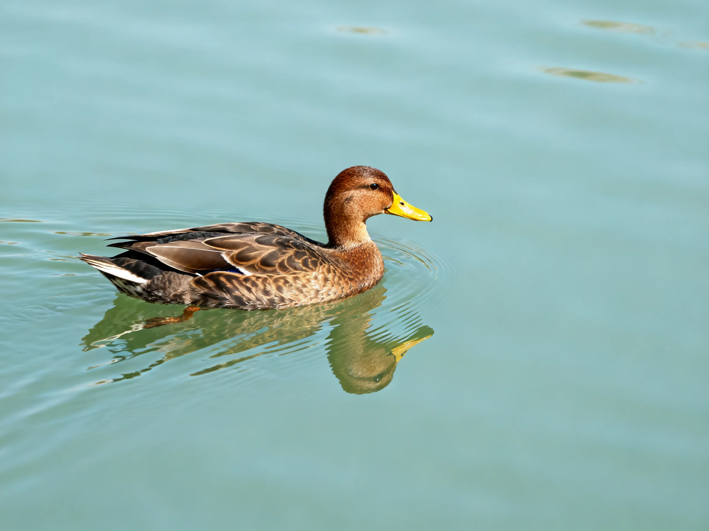 A duck with a yellow beak floats serenely in calm water.