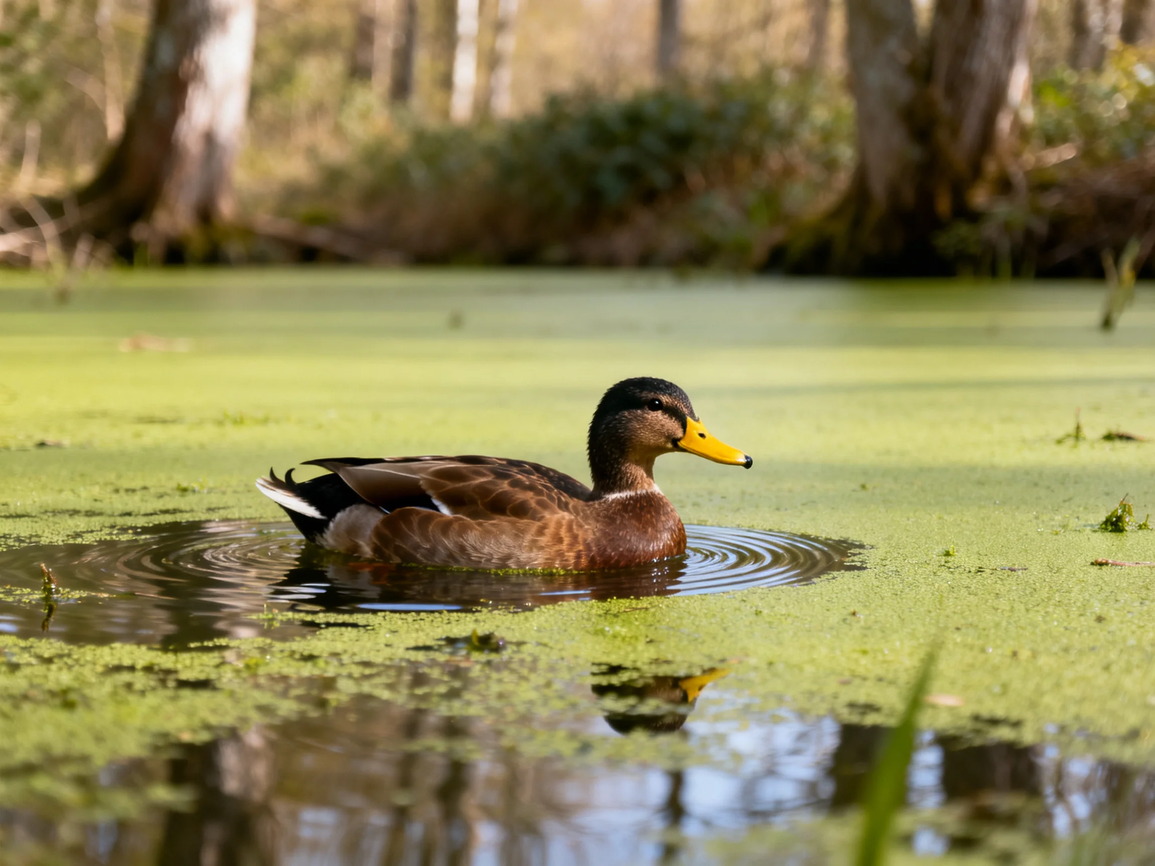 Brown duck with yellow beak swims in green algae wetland near trees