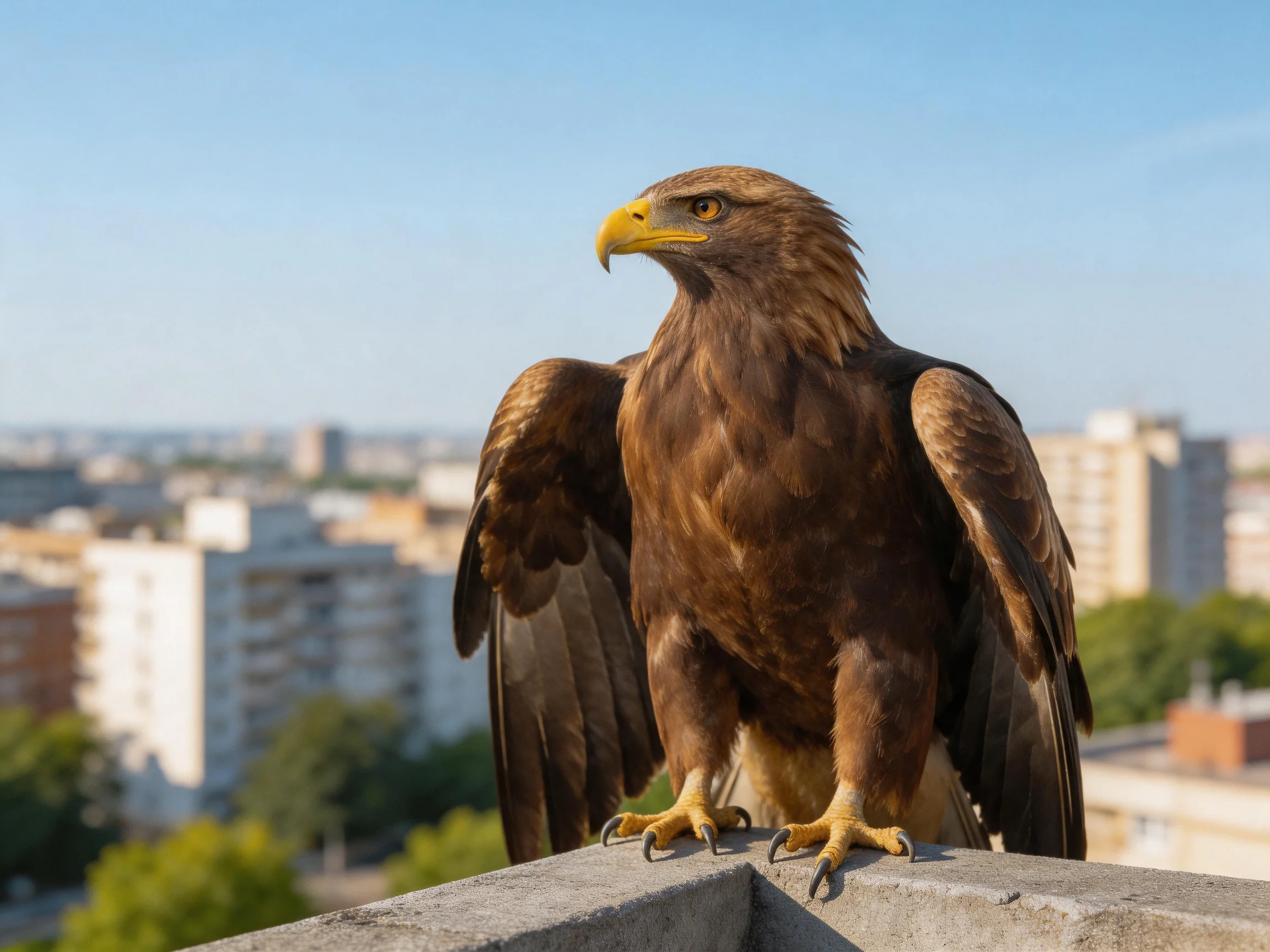 Brown eagle perched on stone ledge overlooking urban landscape
