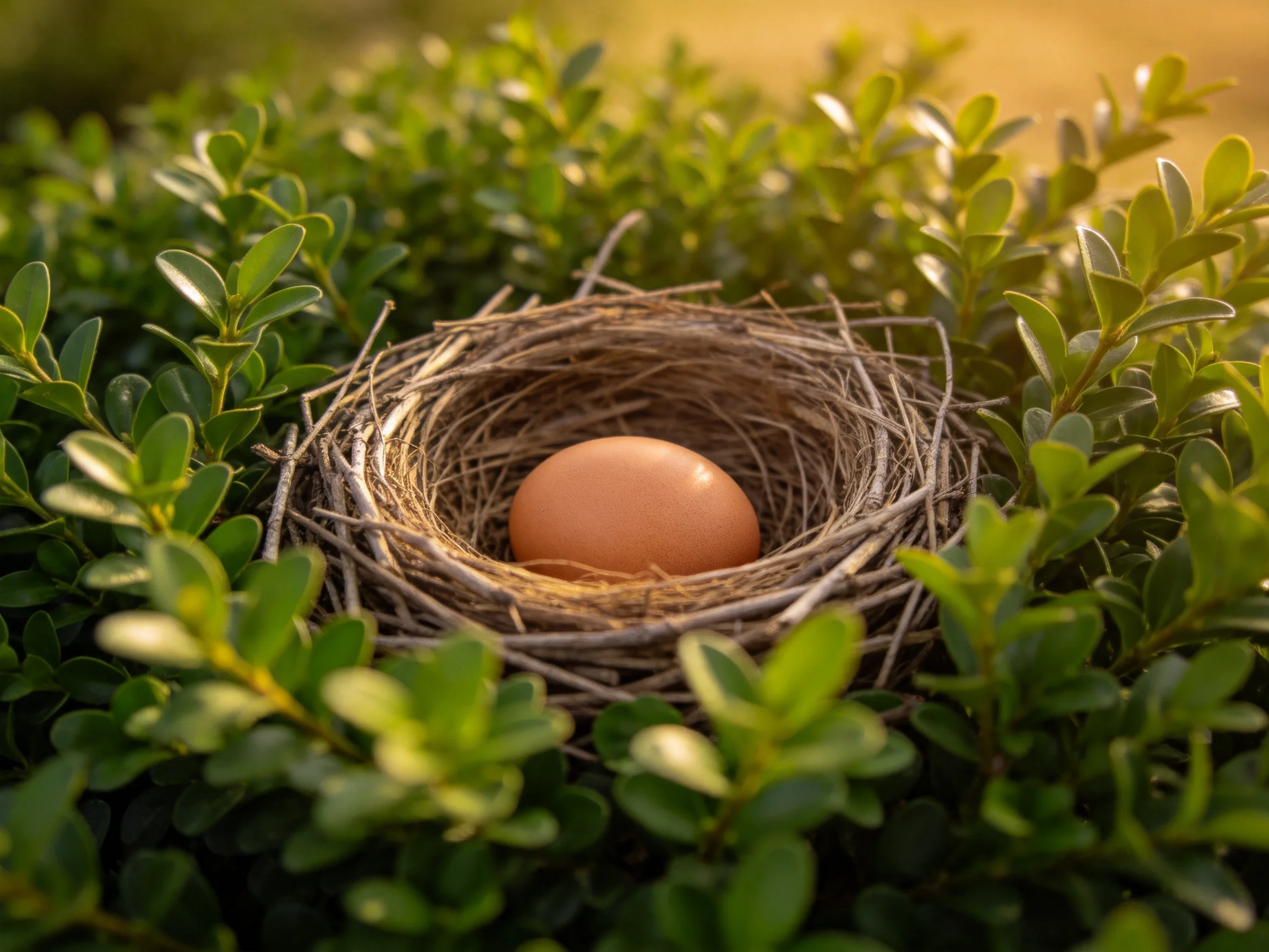 Brown egg in straw nest surrounded by green foliage