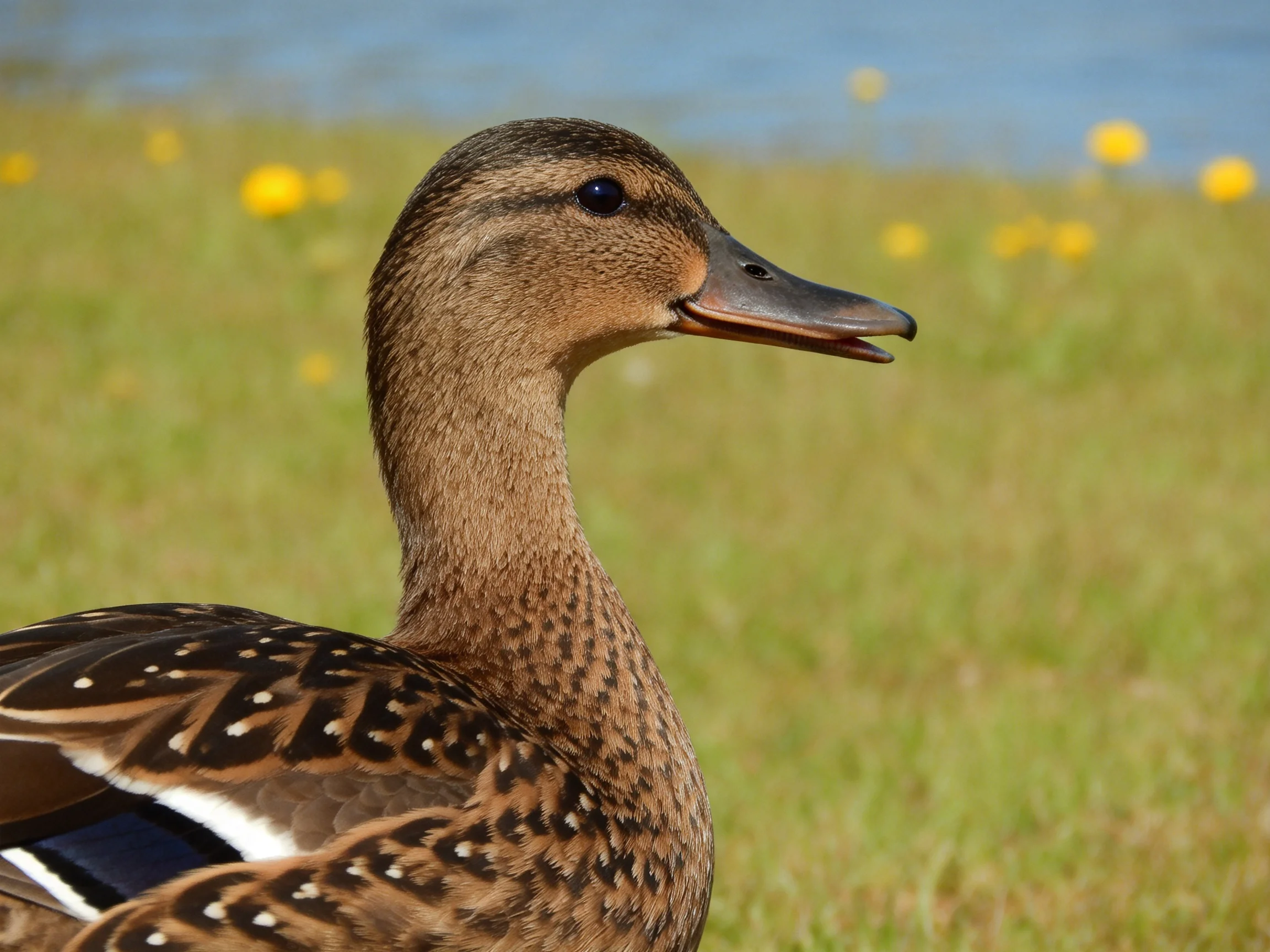 Brown-feathered duck near yellow wildflowers and green grass