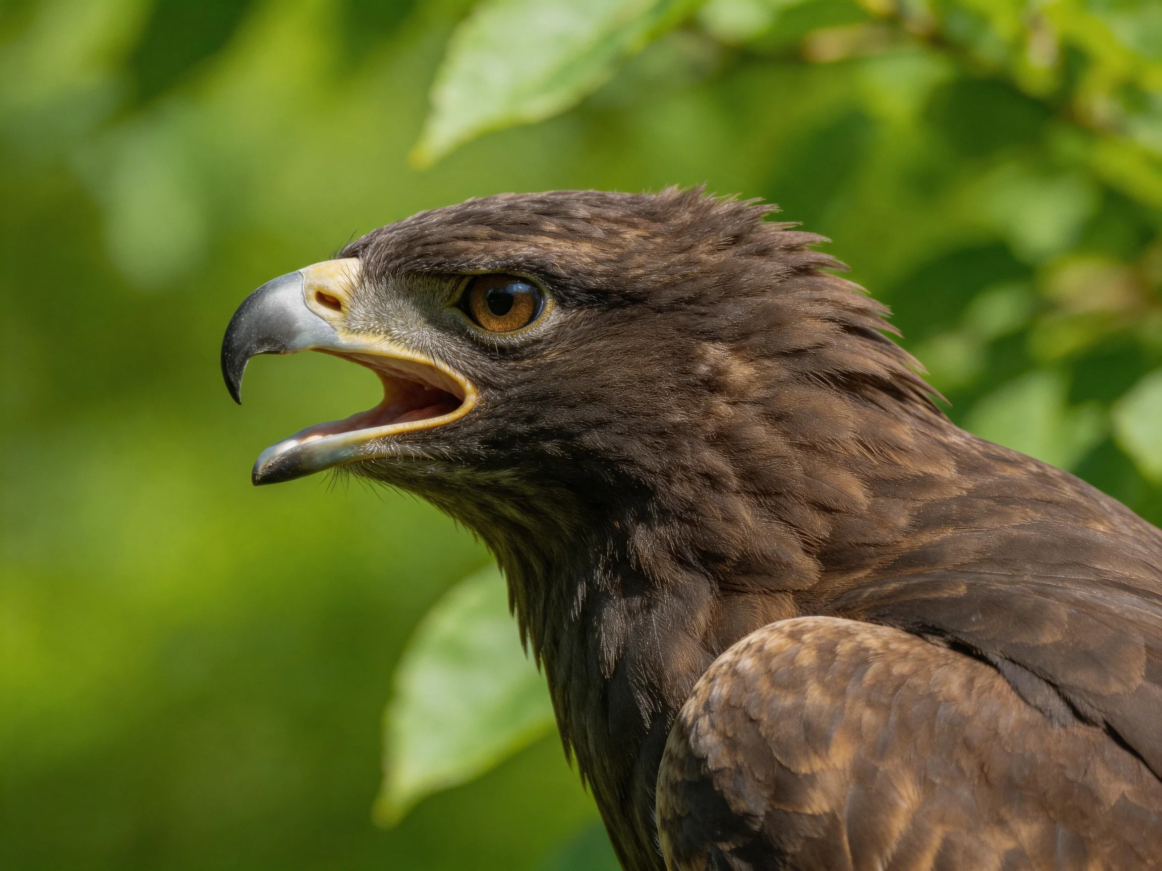 Brown-feathered eagle with open beak near green foliage