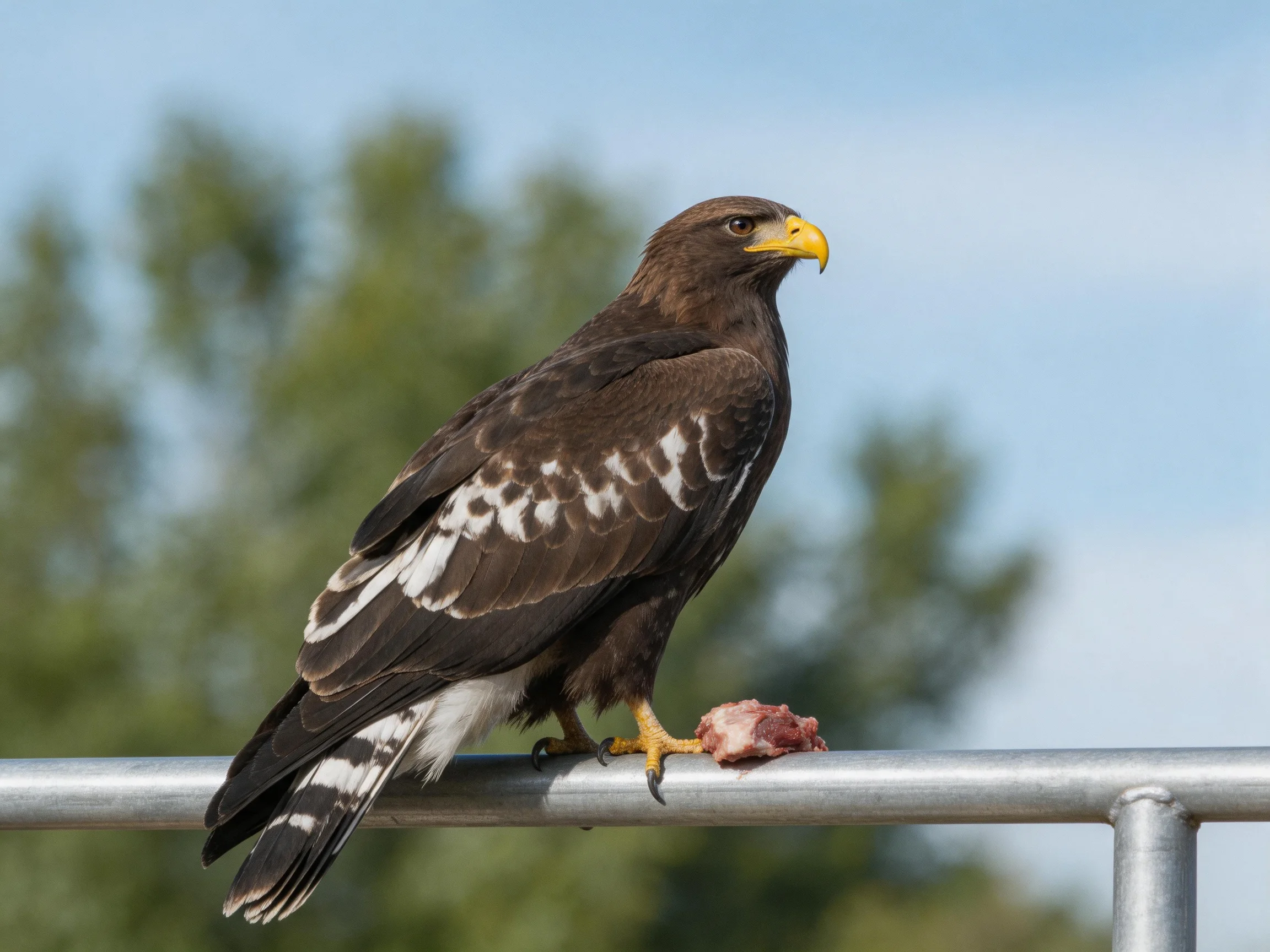 Brown-feathered eagle with white markings perched on metal bar with meat