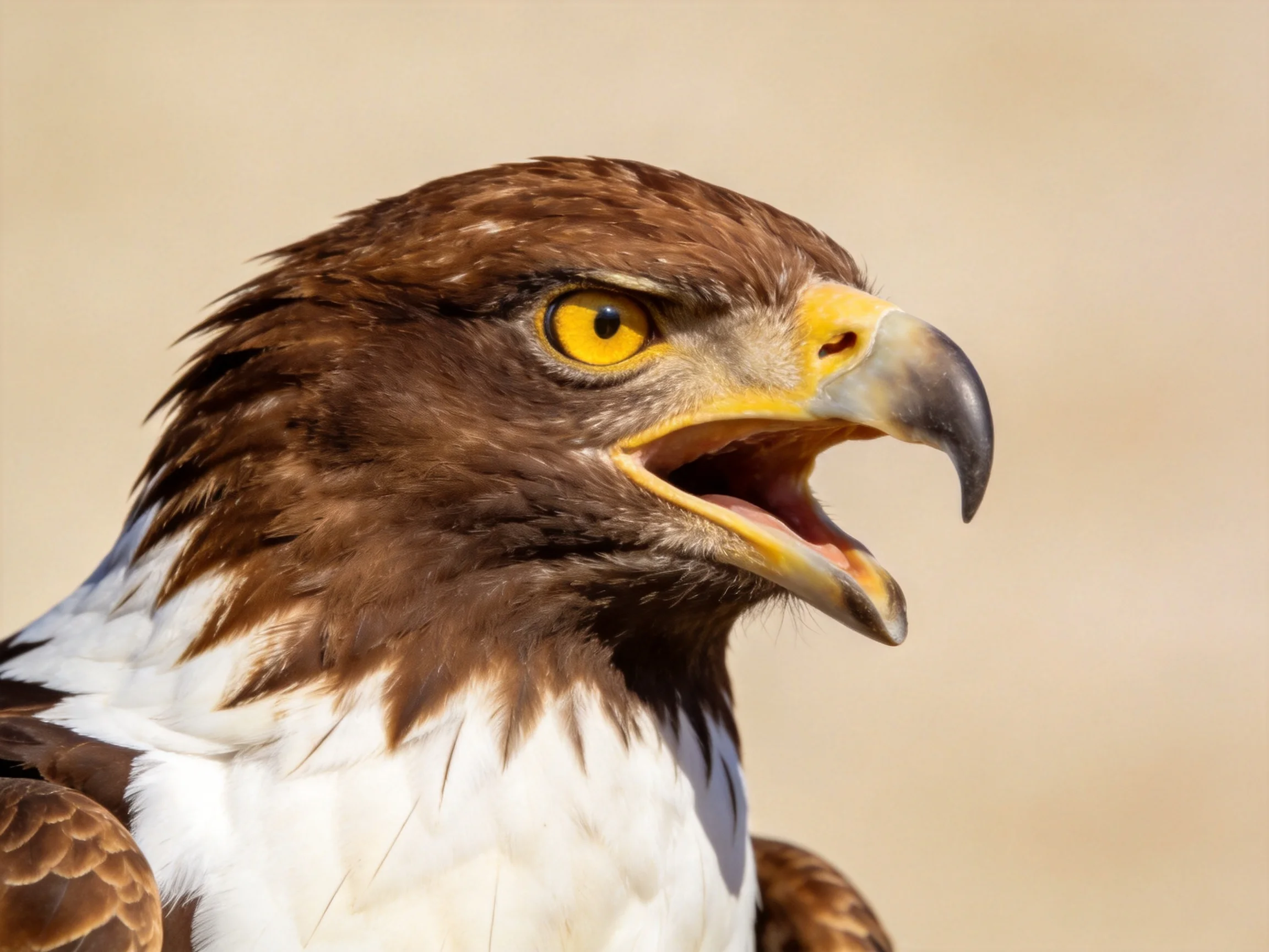 Brown - feathered eagle with yellow eyes and open beak