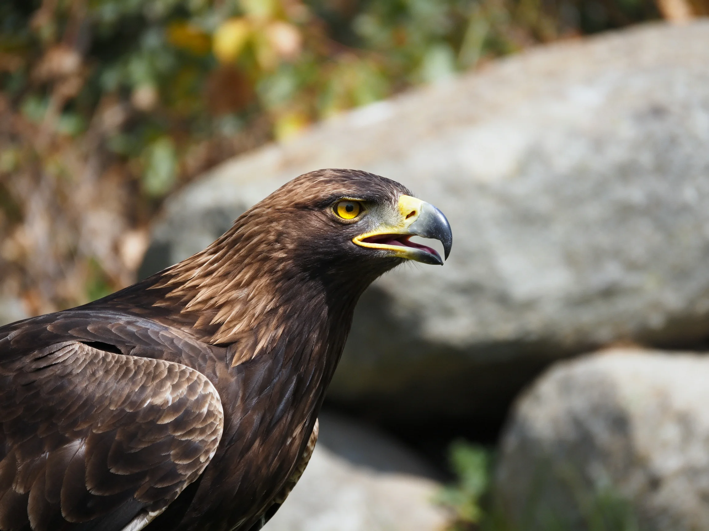 Brown-feathered eagle with yellow eyes near large rocks