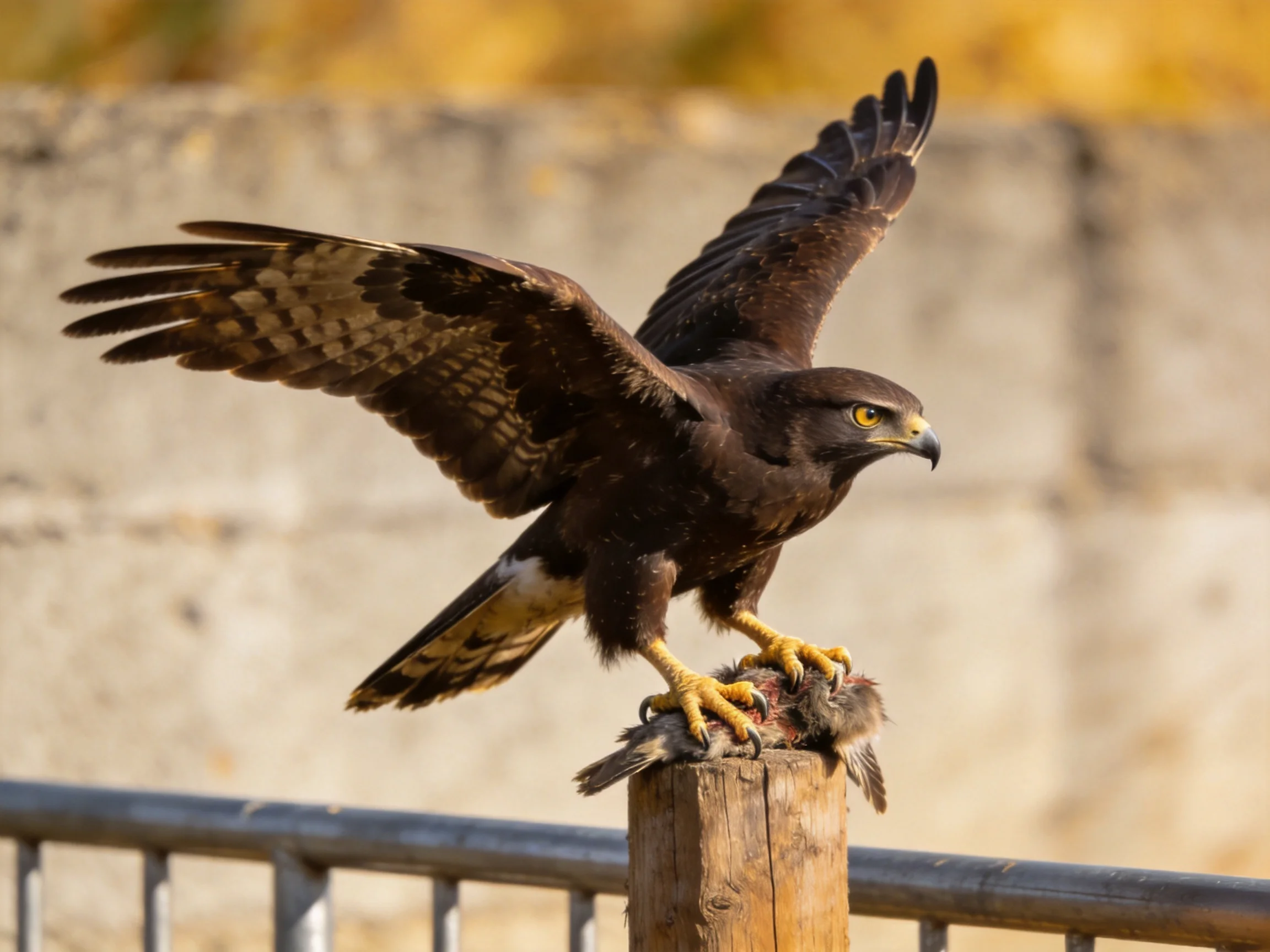 Brown hawk spreads wings on wooden post with prey