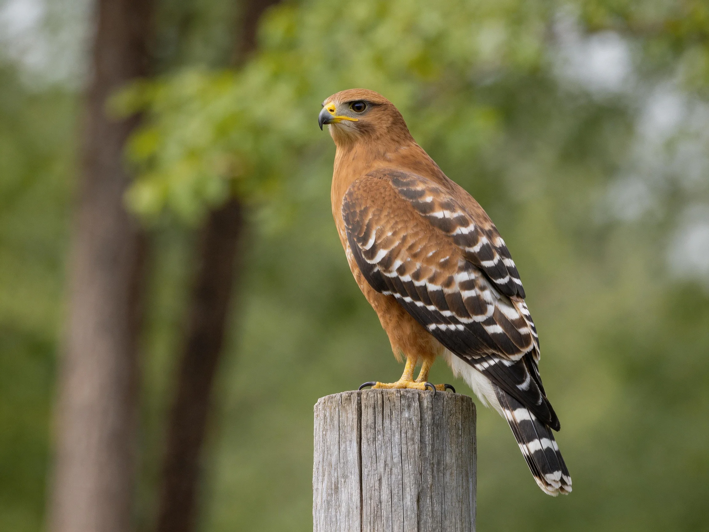 Brown hawk with black-and-white wing patterns perches on a weathered wooden post