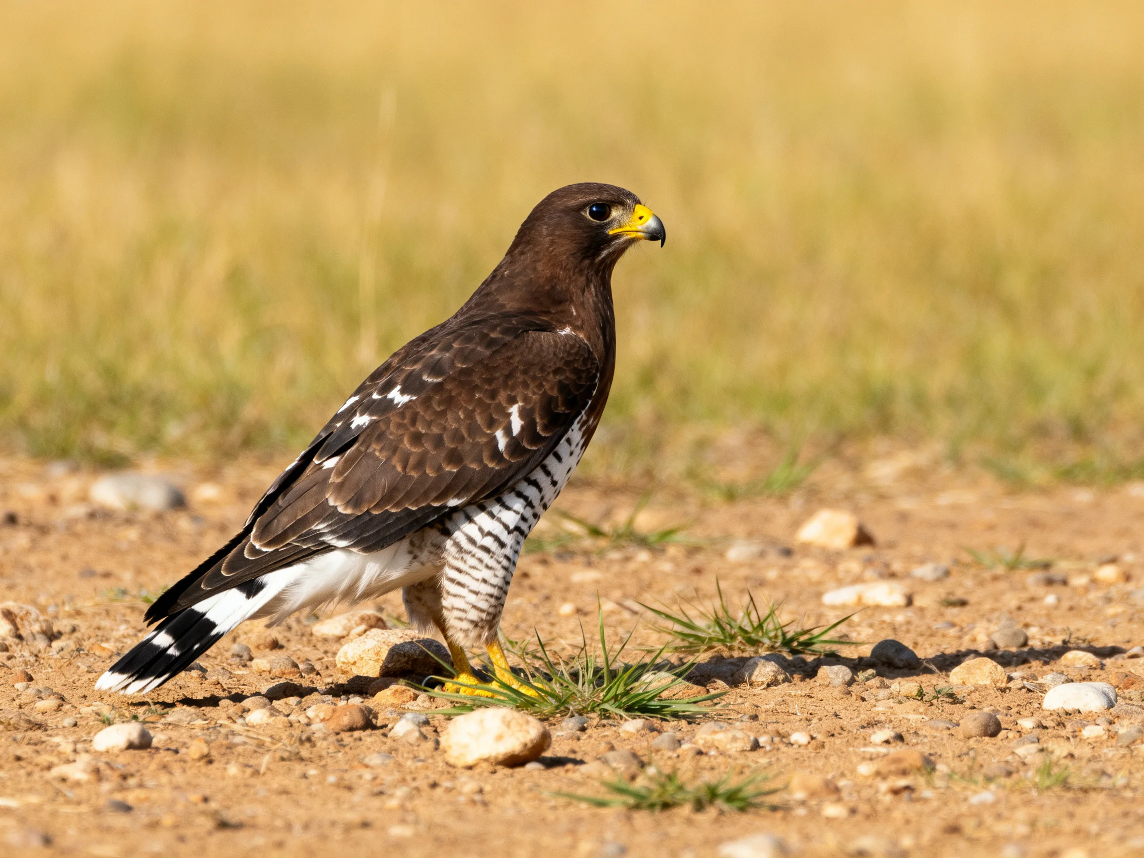 Brown hawk with white markings on rocky terrain