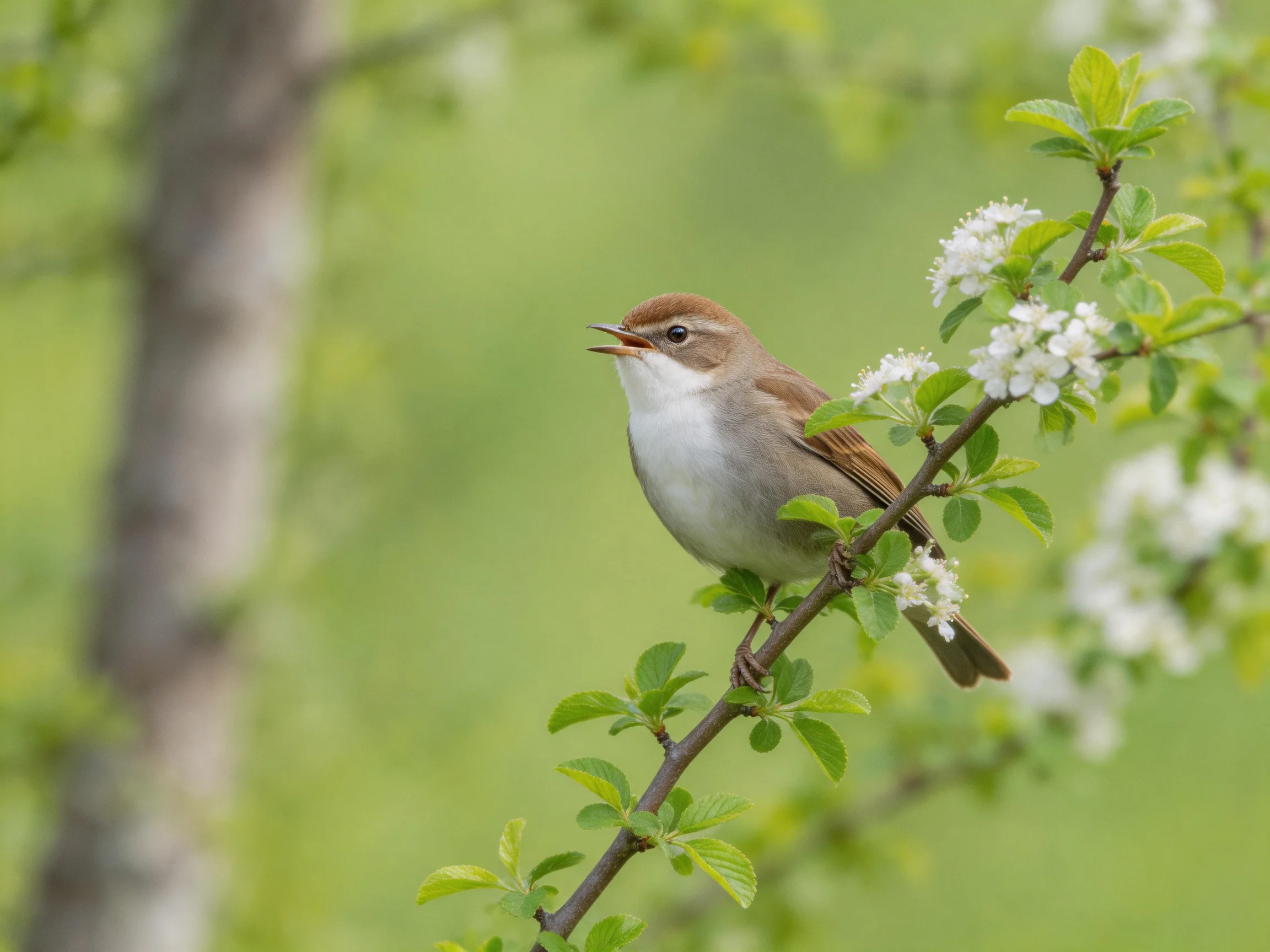 Brown-headed bird perched on flowering branch with green foliage