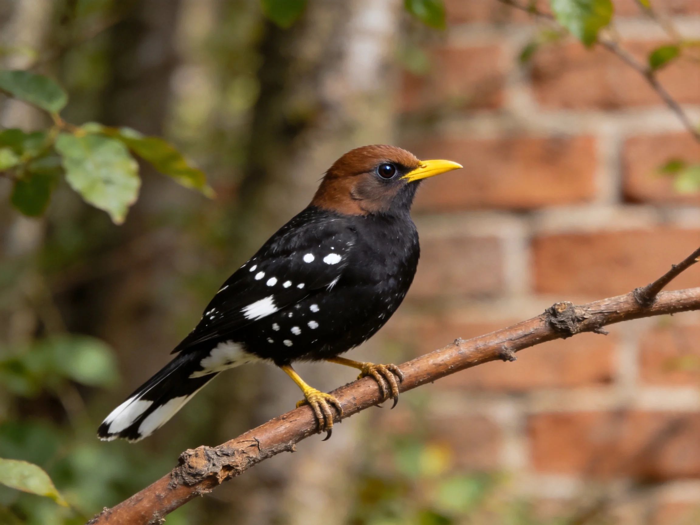 Brown-headed bird with yellow beak, black spotted plumage on branch