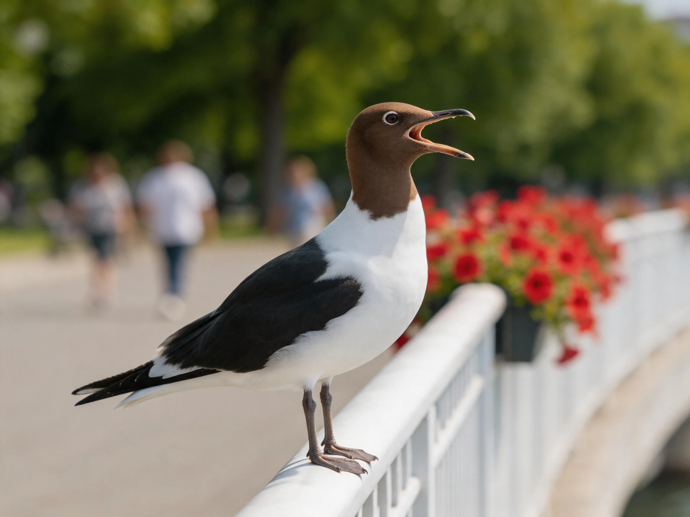 Brown-headed black-and-white bird perched on white bridge railing