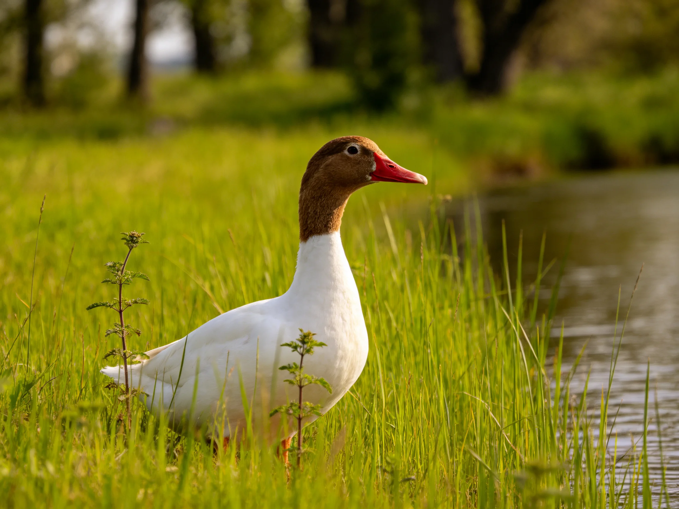 Brown-headed duck in lush green grass by calm water