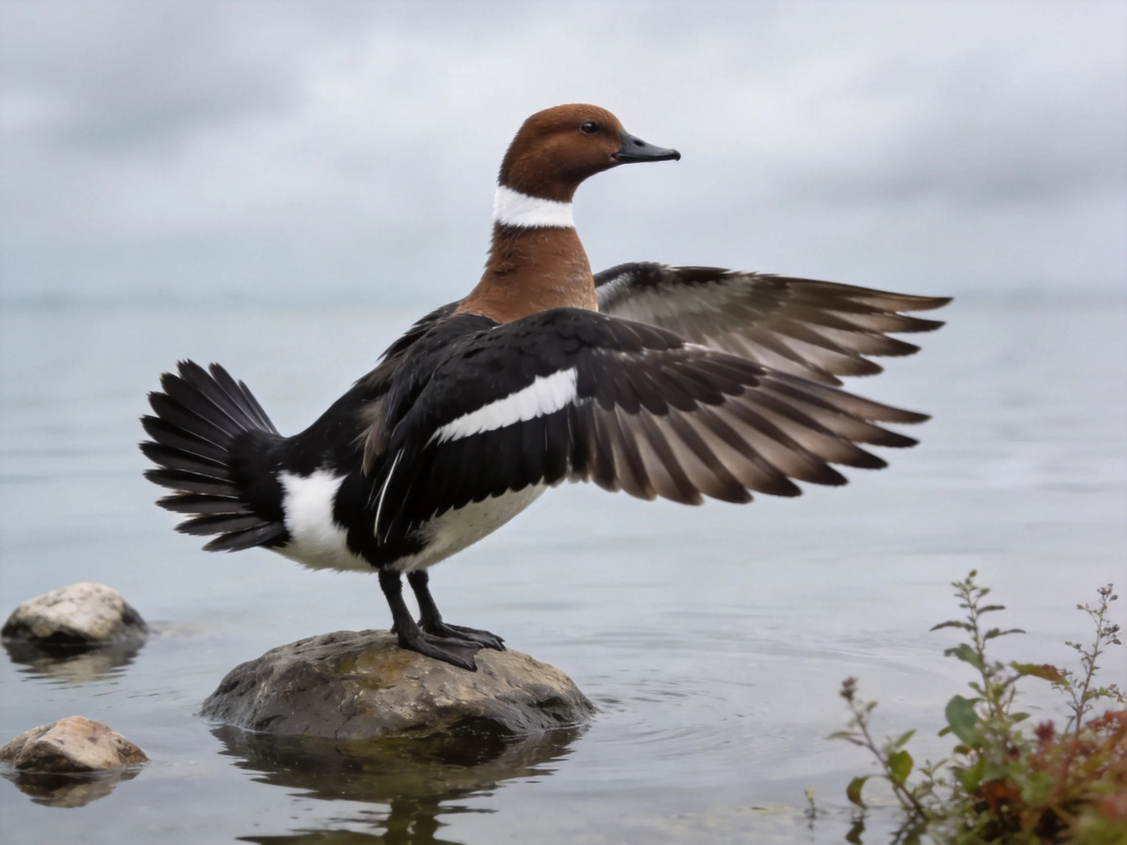 Brown-headed duck spreads wings on a rocky outcrop by calm water