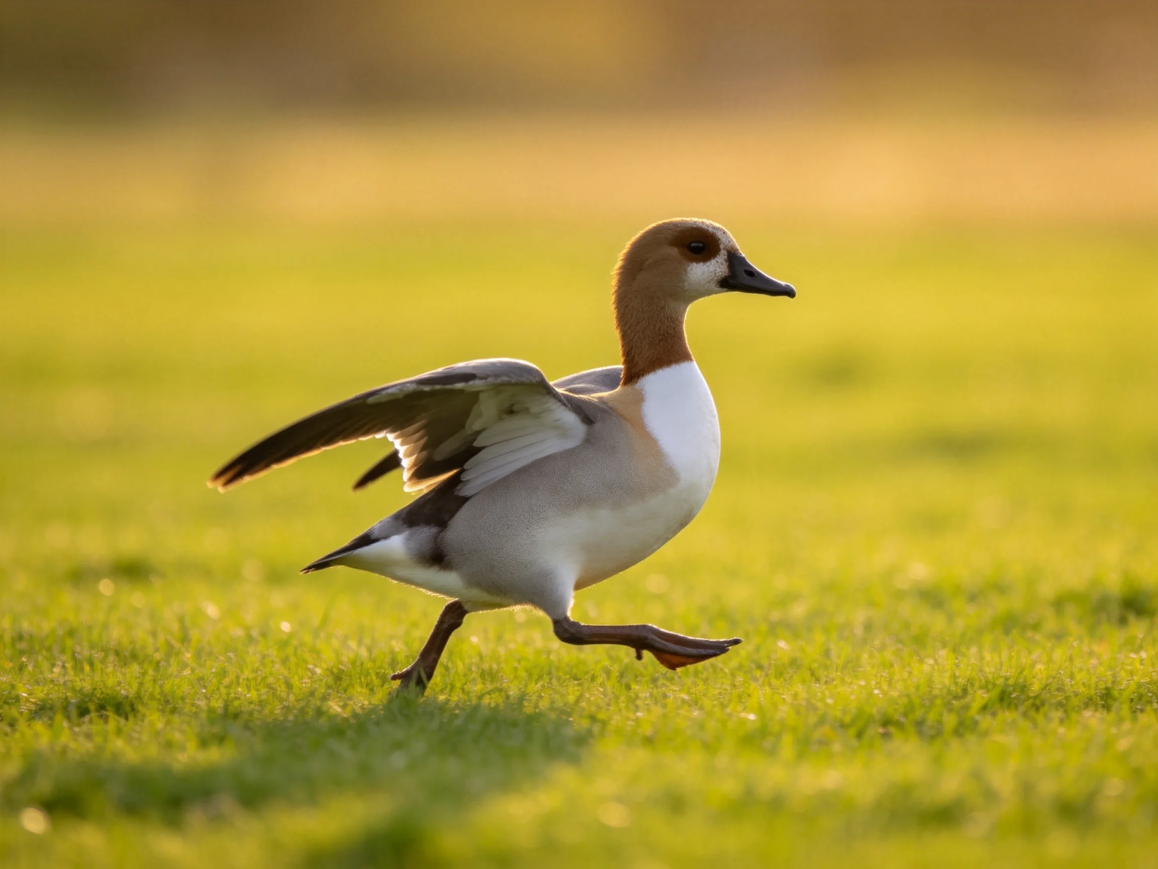 Brown-headed duck sprints across sunlit green meadow