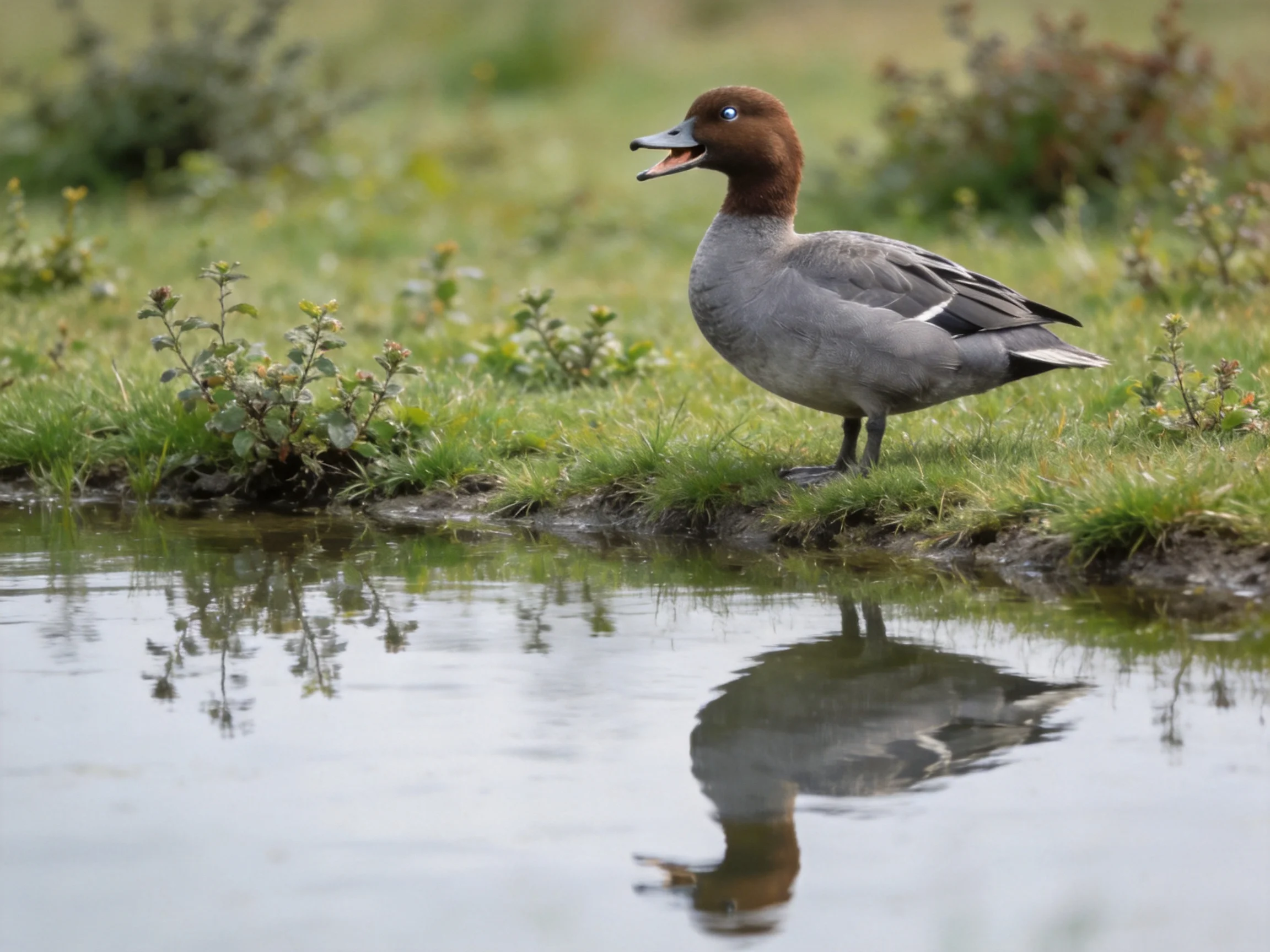 Brown-headed duck stands on grassy shore beside calm water