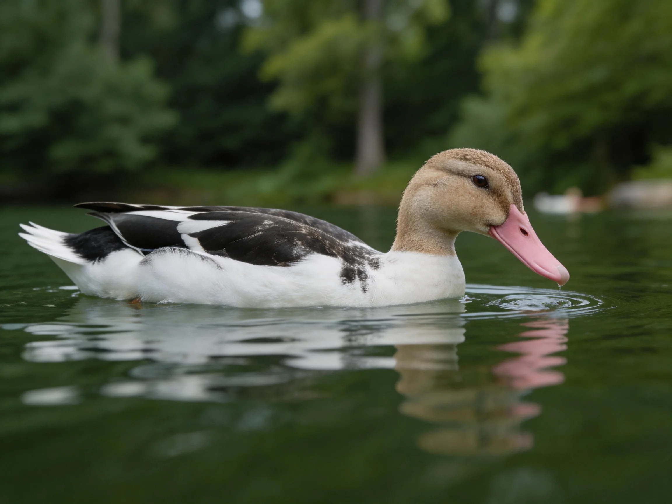 Brown-headed duck with pink beak swims in green water near trees