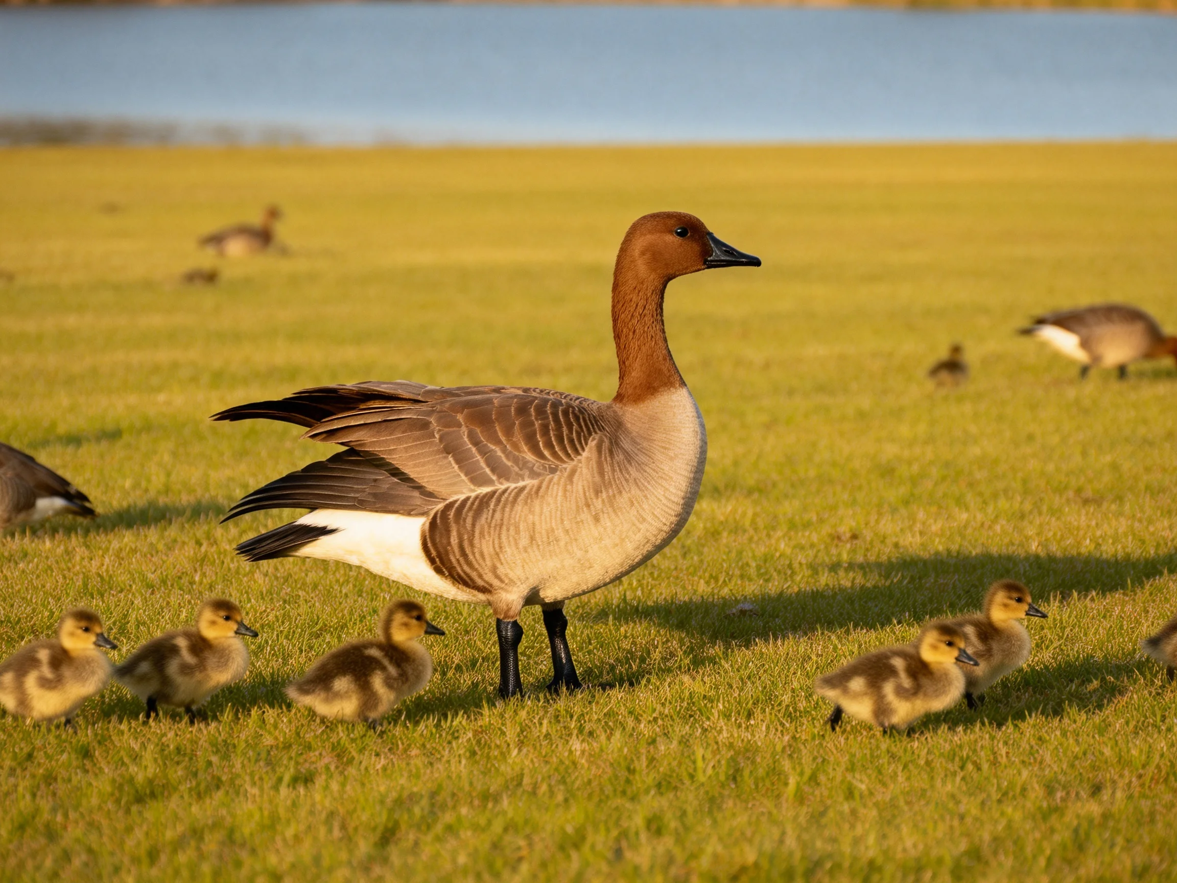 Brown-headed goose with goslings on a golden grassy field