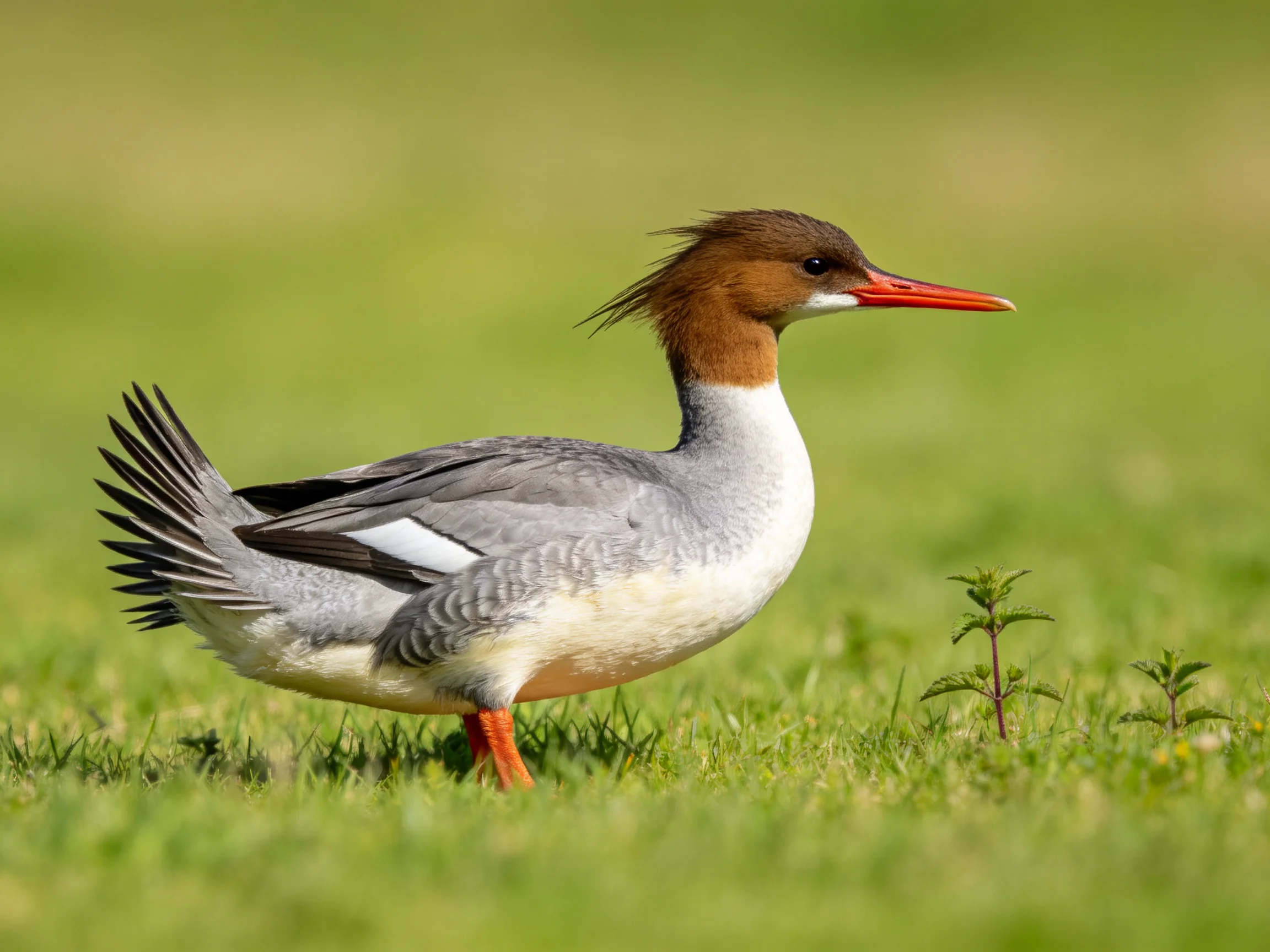A brown-headed merganser stands on lush green grass.