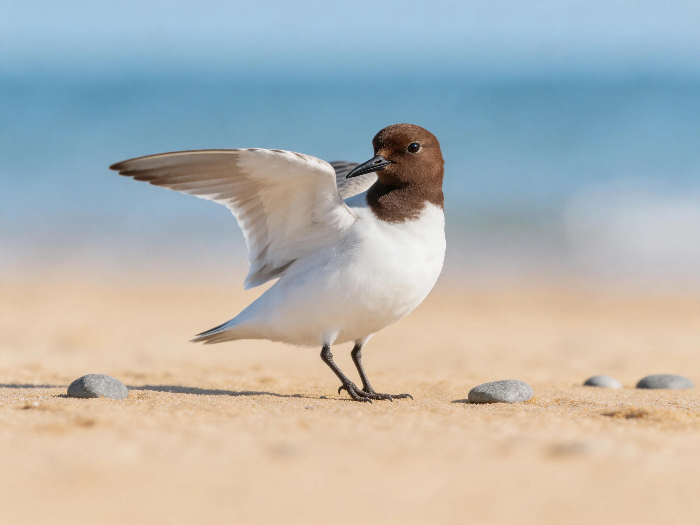 Brown-headed seabird spreading wings on sandy beach