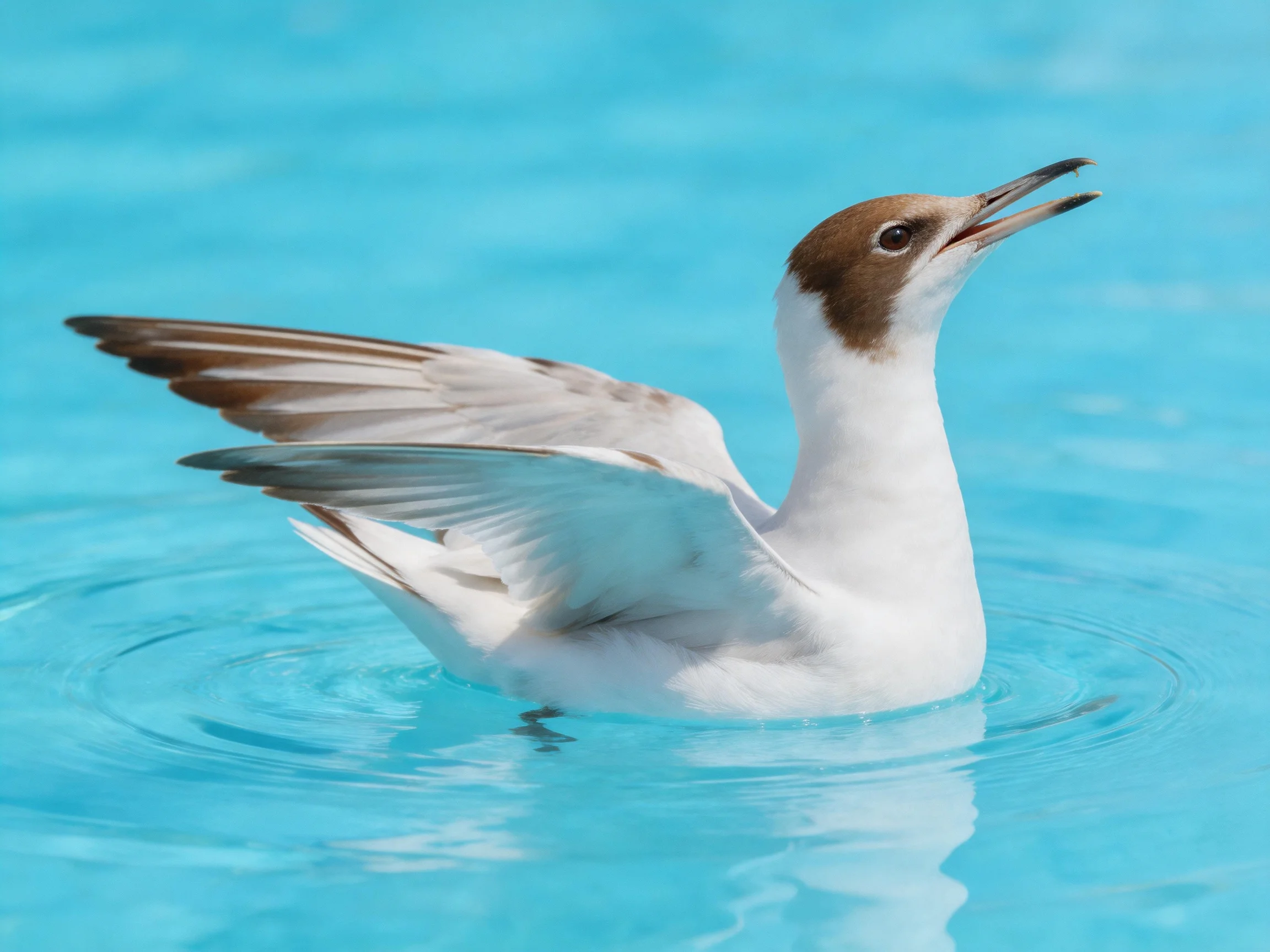 Brown-headed seabird swimming in bright blue water
