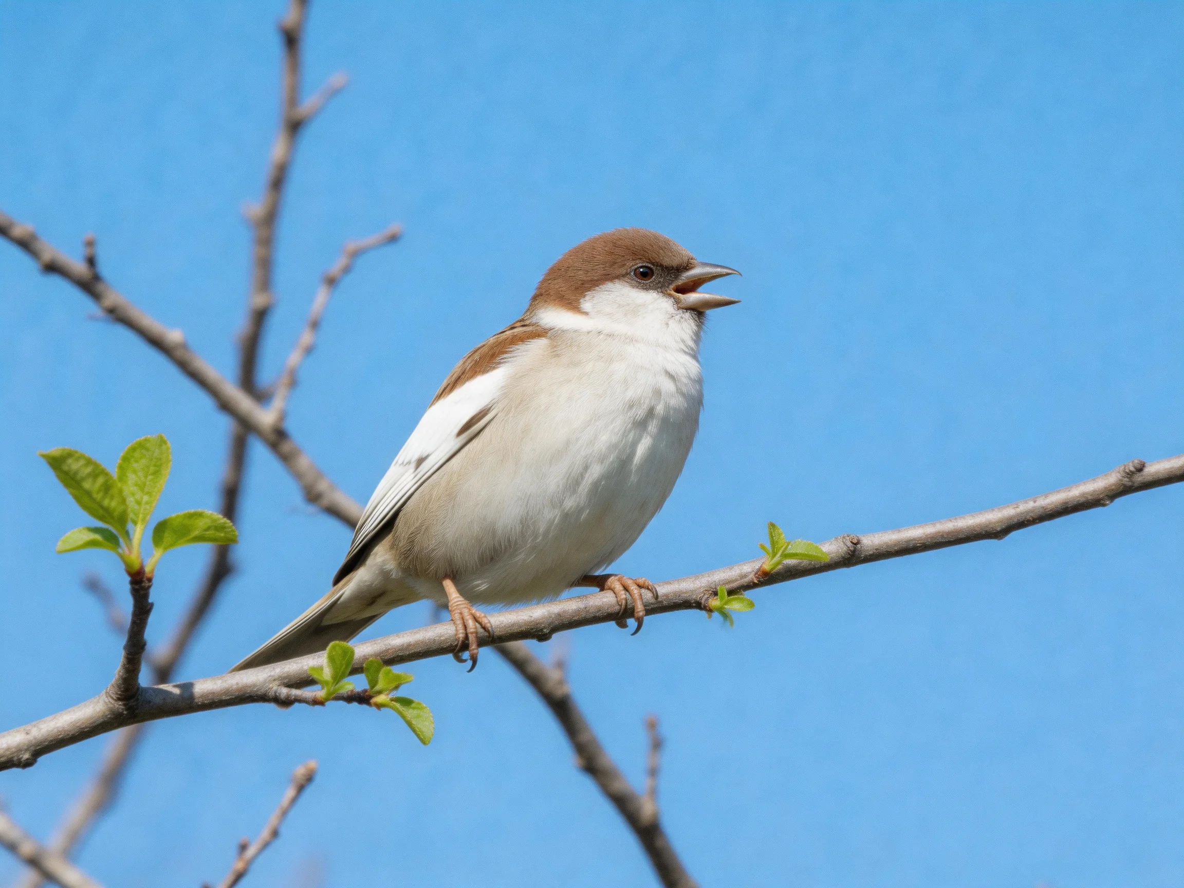 Brown-headed sparrow perched on a budding branch under clear blue sky