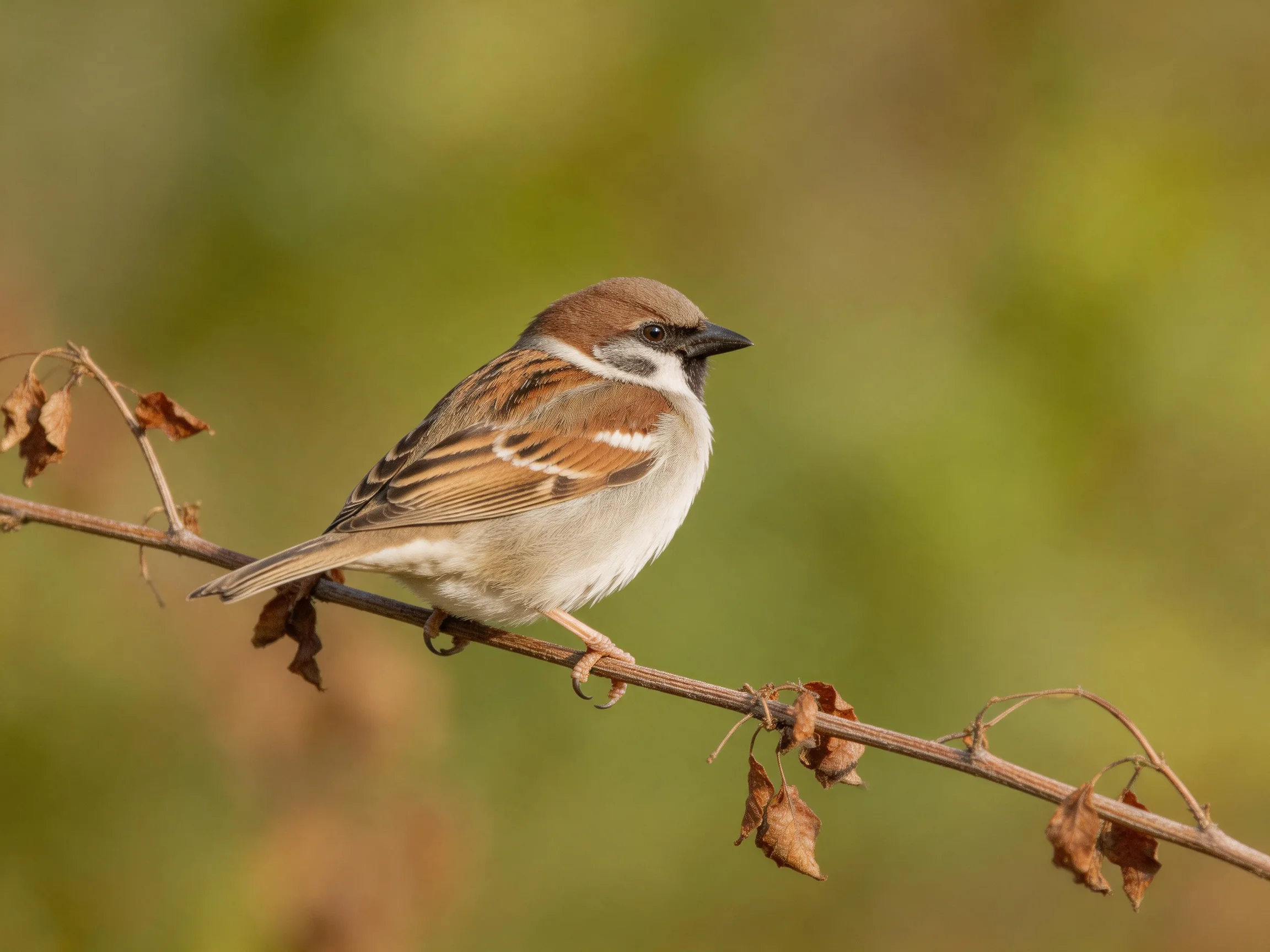 Brown-headed sparrow perched on dry branch with faded leaves