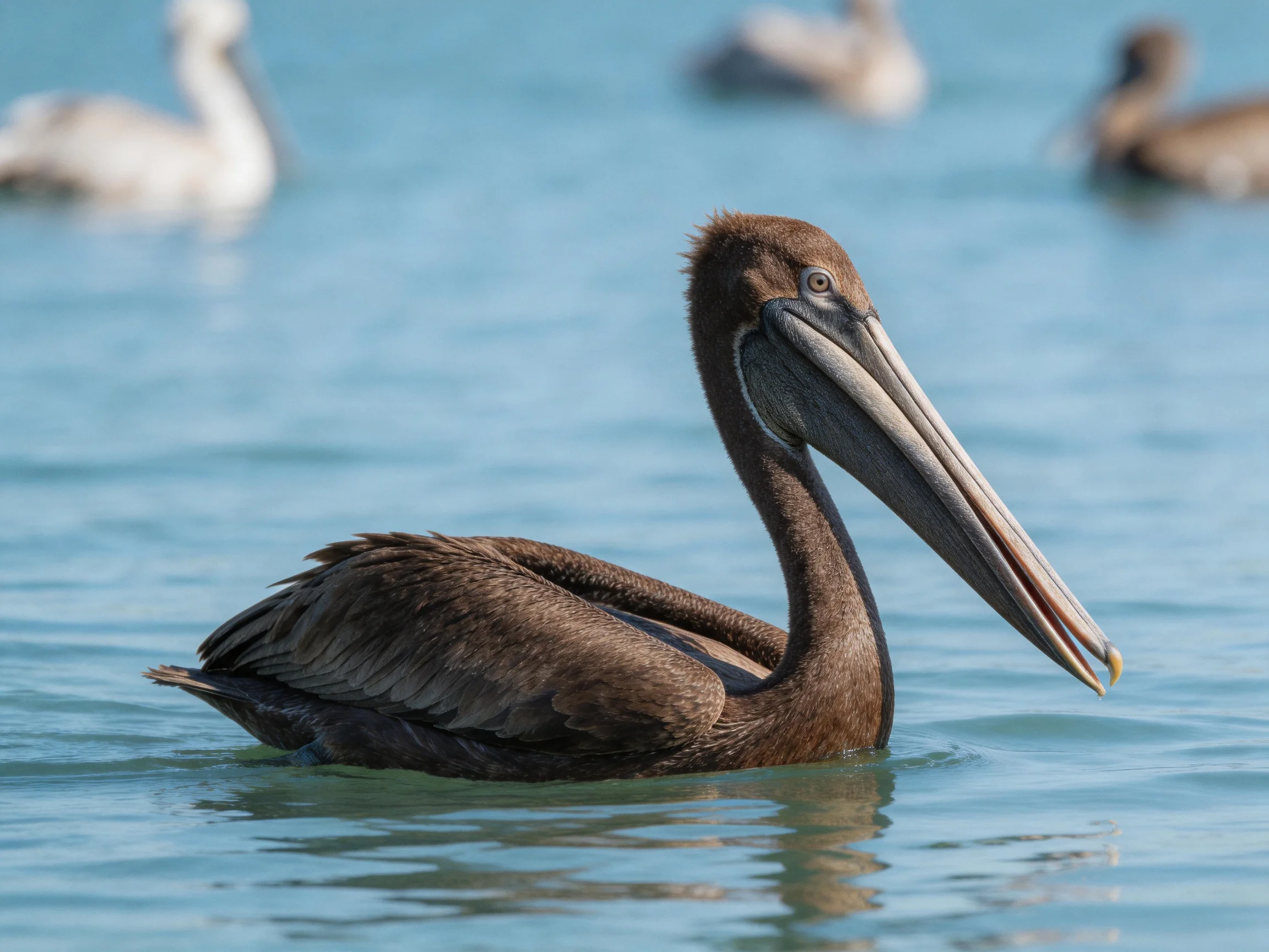 Brown pelican glides through calm blue water with distant seabirds