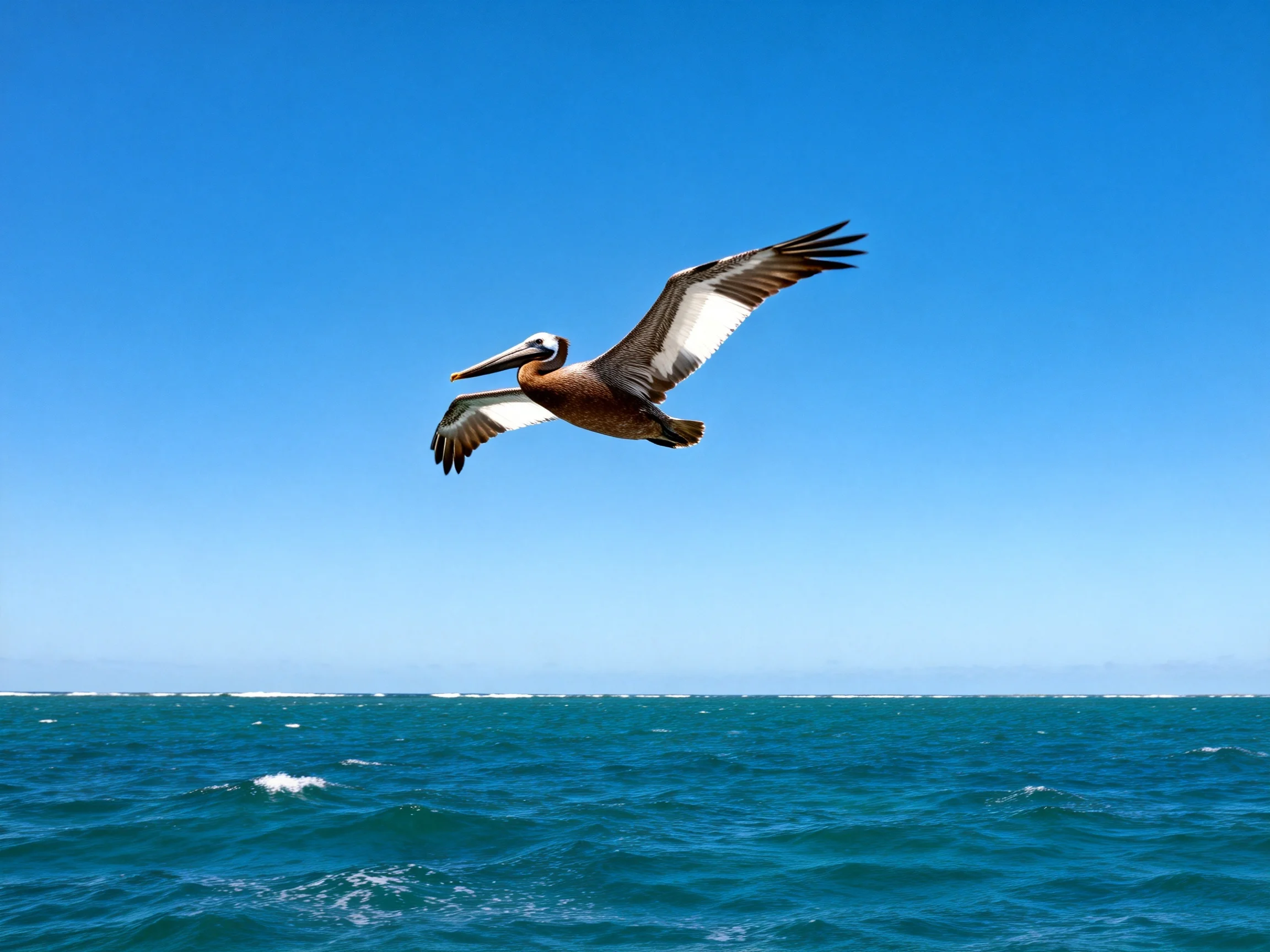 Brown pelican soaring over turquoise ocean under clear blue sky