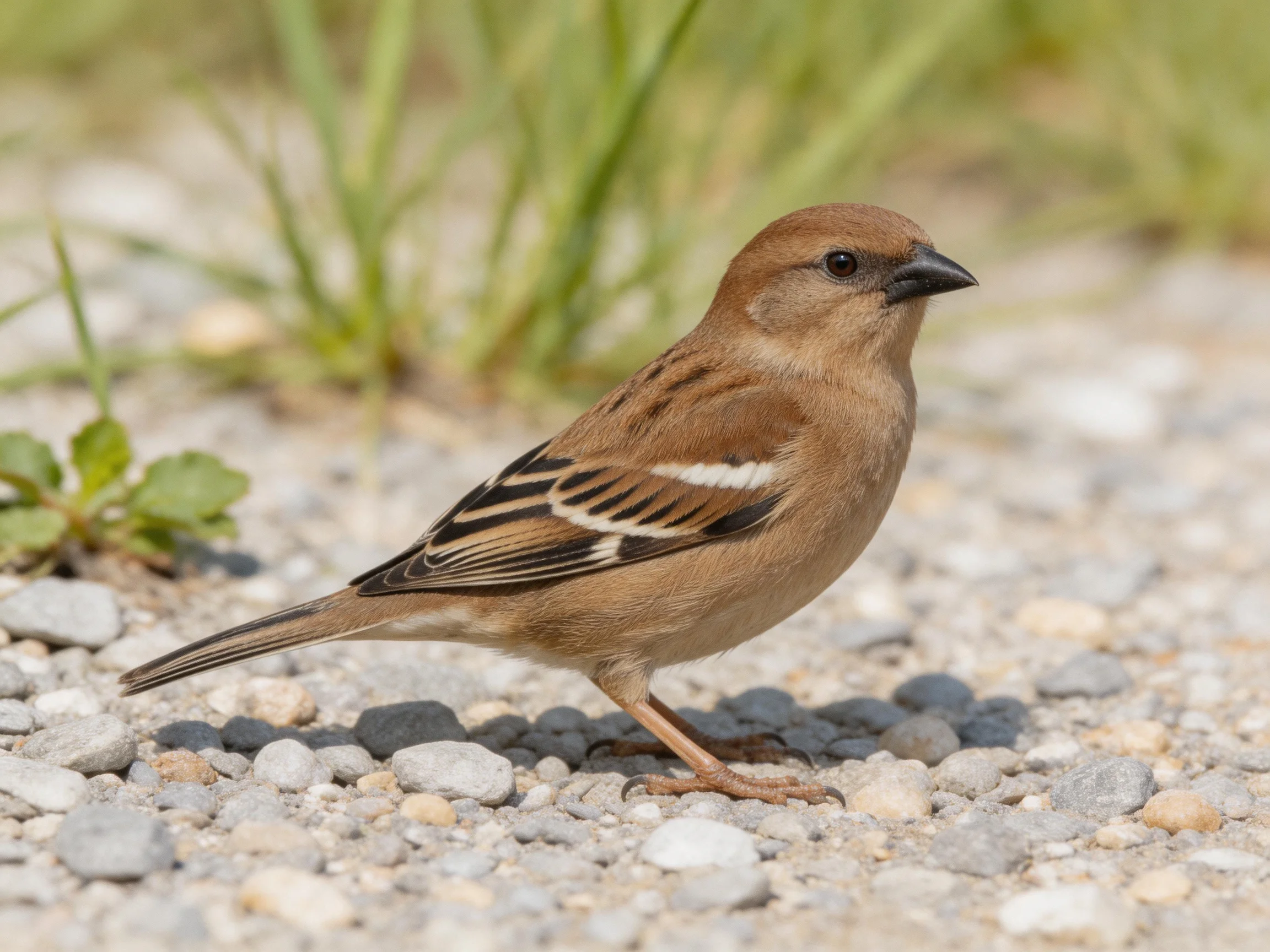 Brown sparrow with striped wings on pebbly ground near grass