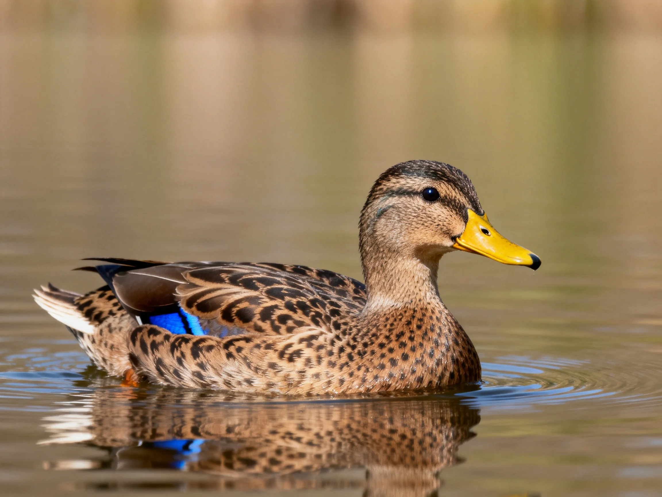 A duck with brown-speckled plumage glides on calm water.