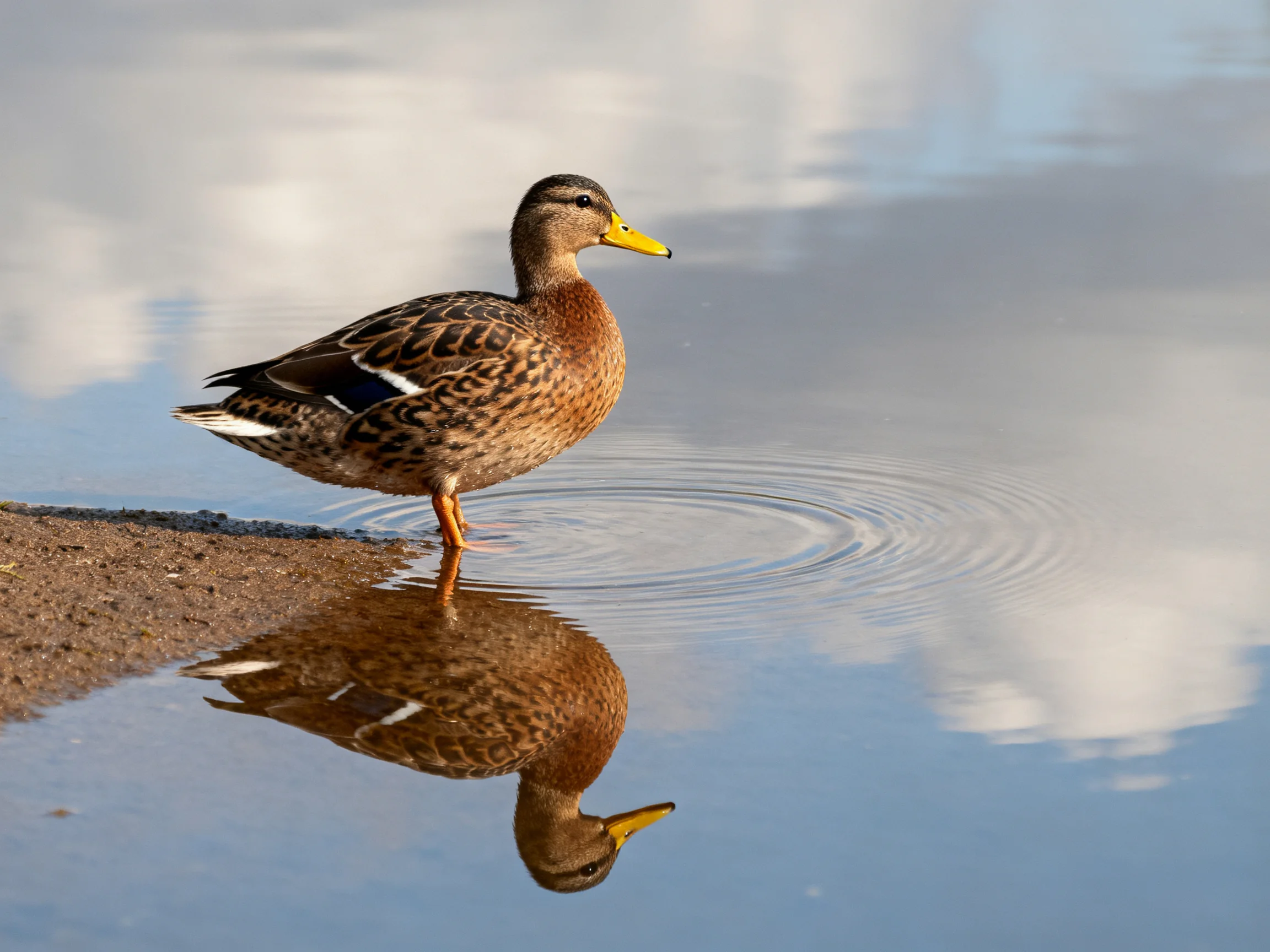 A duck stands by calm water with its reflection clearly visible.