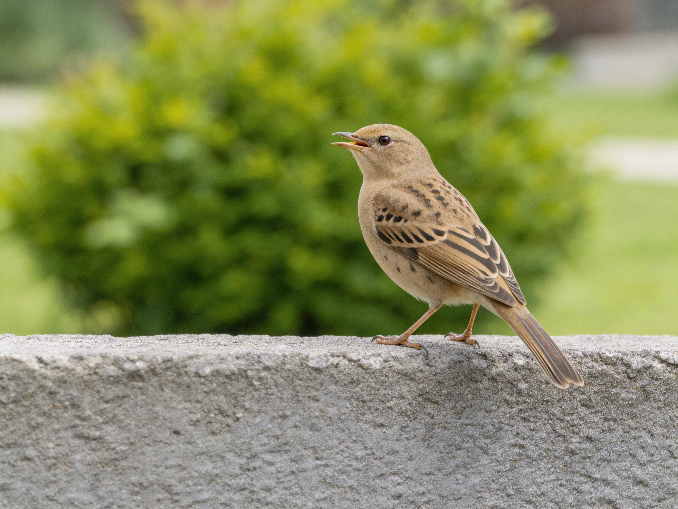 Brown-spotted bird perched on gray concrete ledge near green foliage