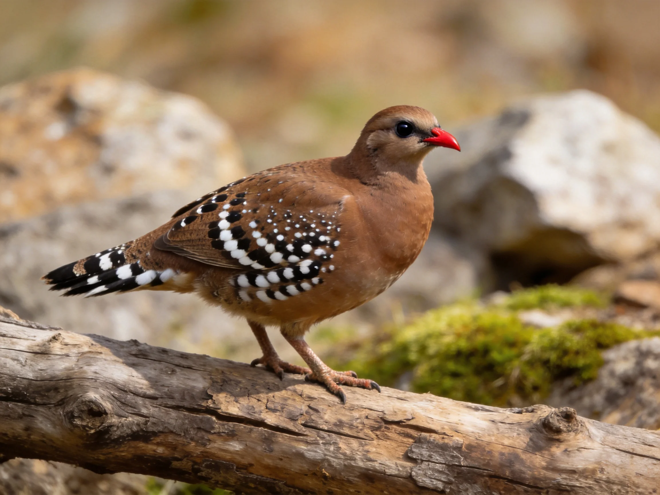 Brown-spotted bird with bright red beak perched on weathered log