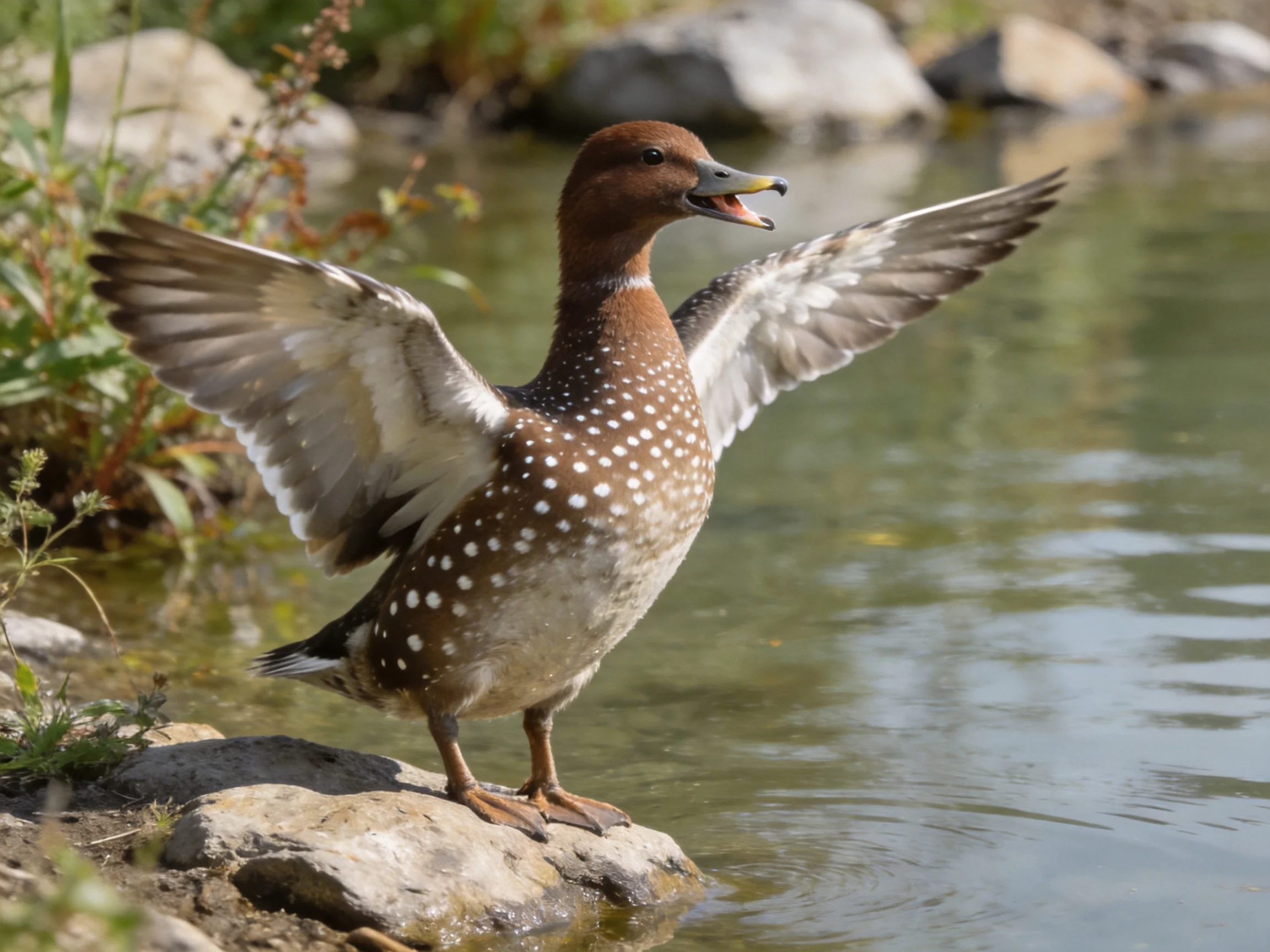Brown-spotted duck flapping wings by serene water