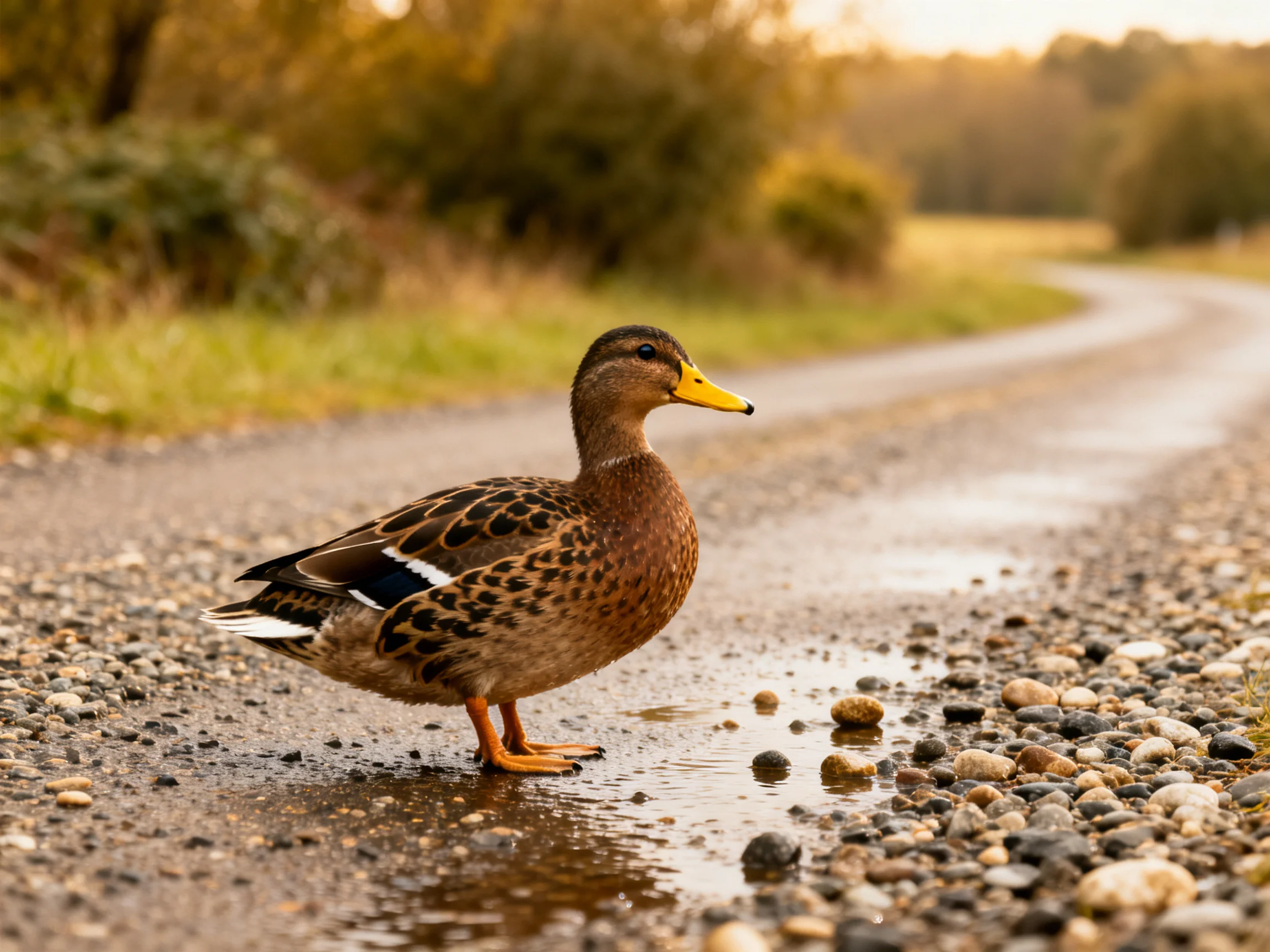 Brown-spotted duck on wet gravel path by roadside puddle