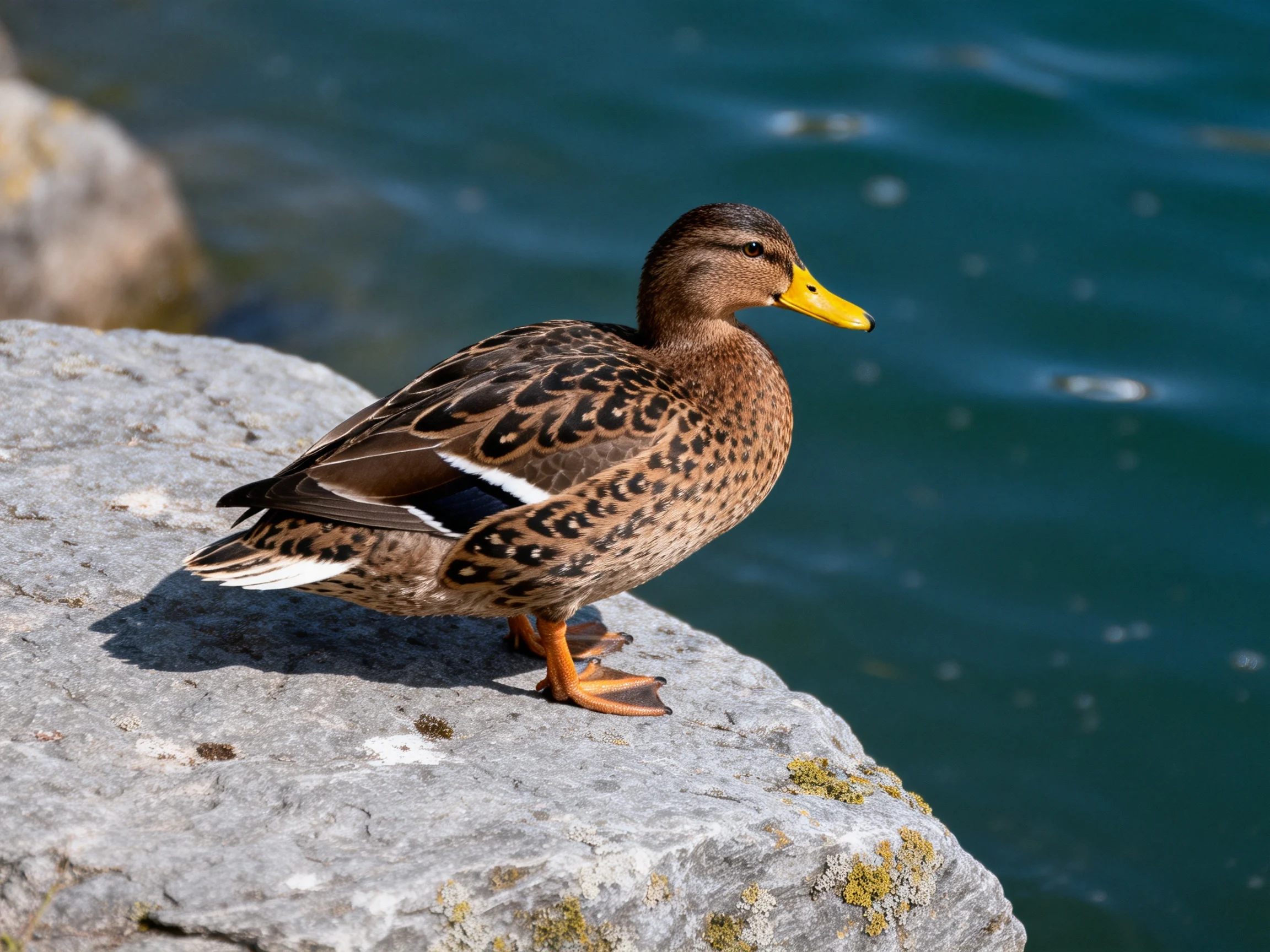 Brown-spotted duck perches on mossy gray rock by blue water