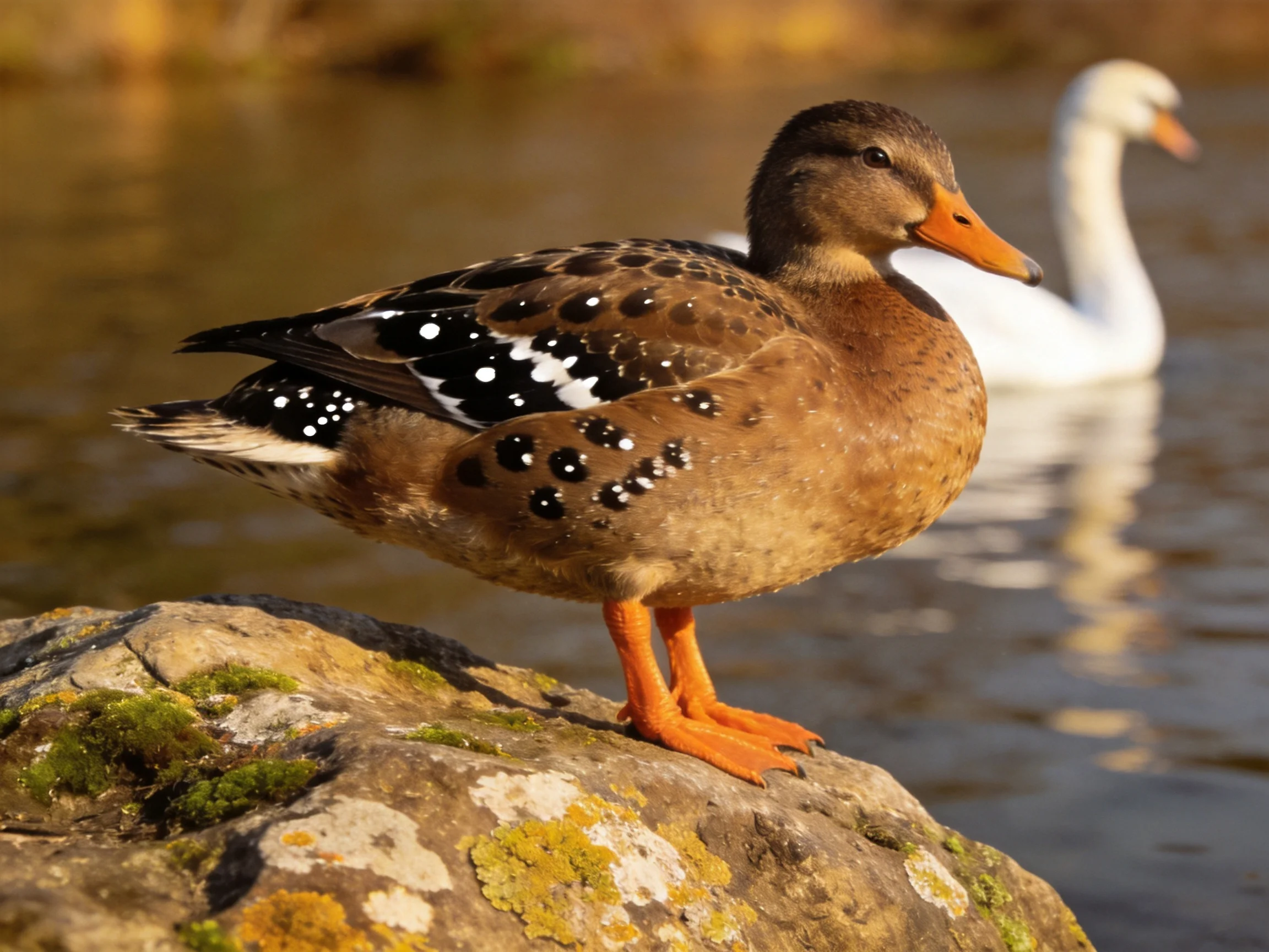 Brown-spotted duck perches on mossy rock near white swan