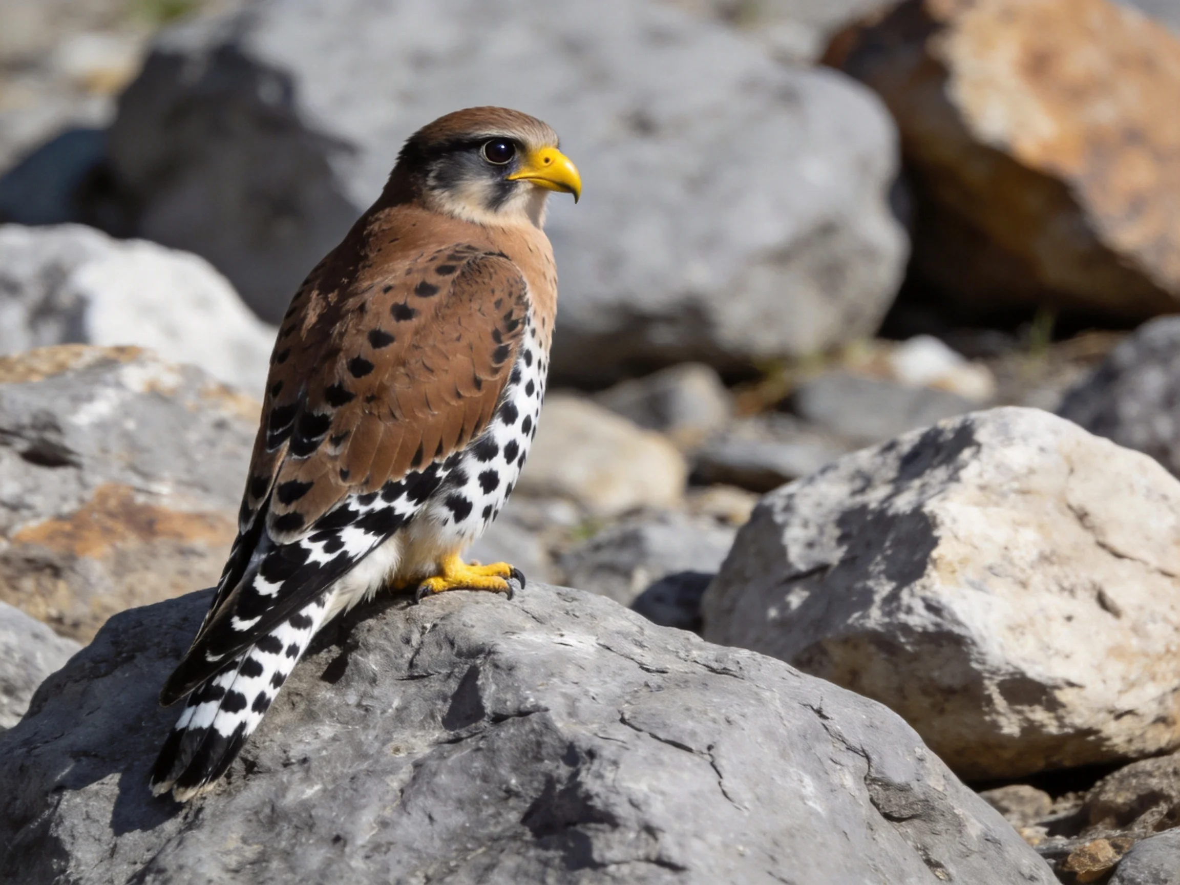 Brown-spotted falcon with yellow talons on rocky terrain