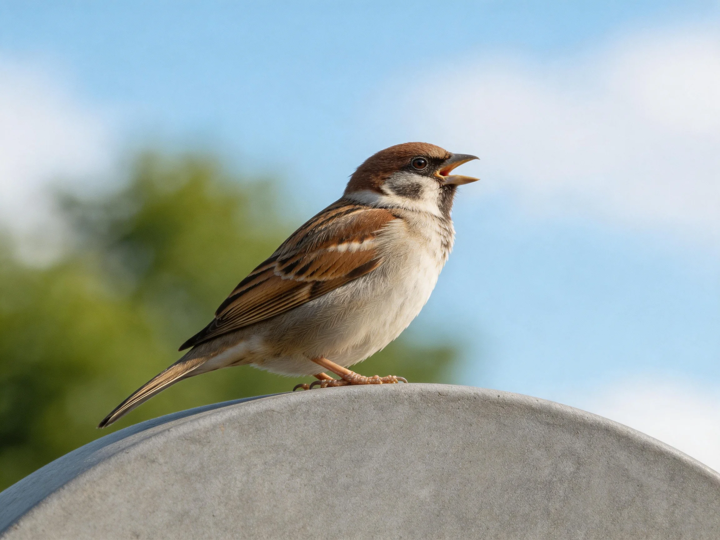 Brown-spotted sparrow perched on gray stone structure under clear blue sky