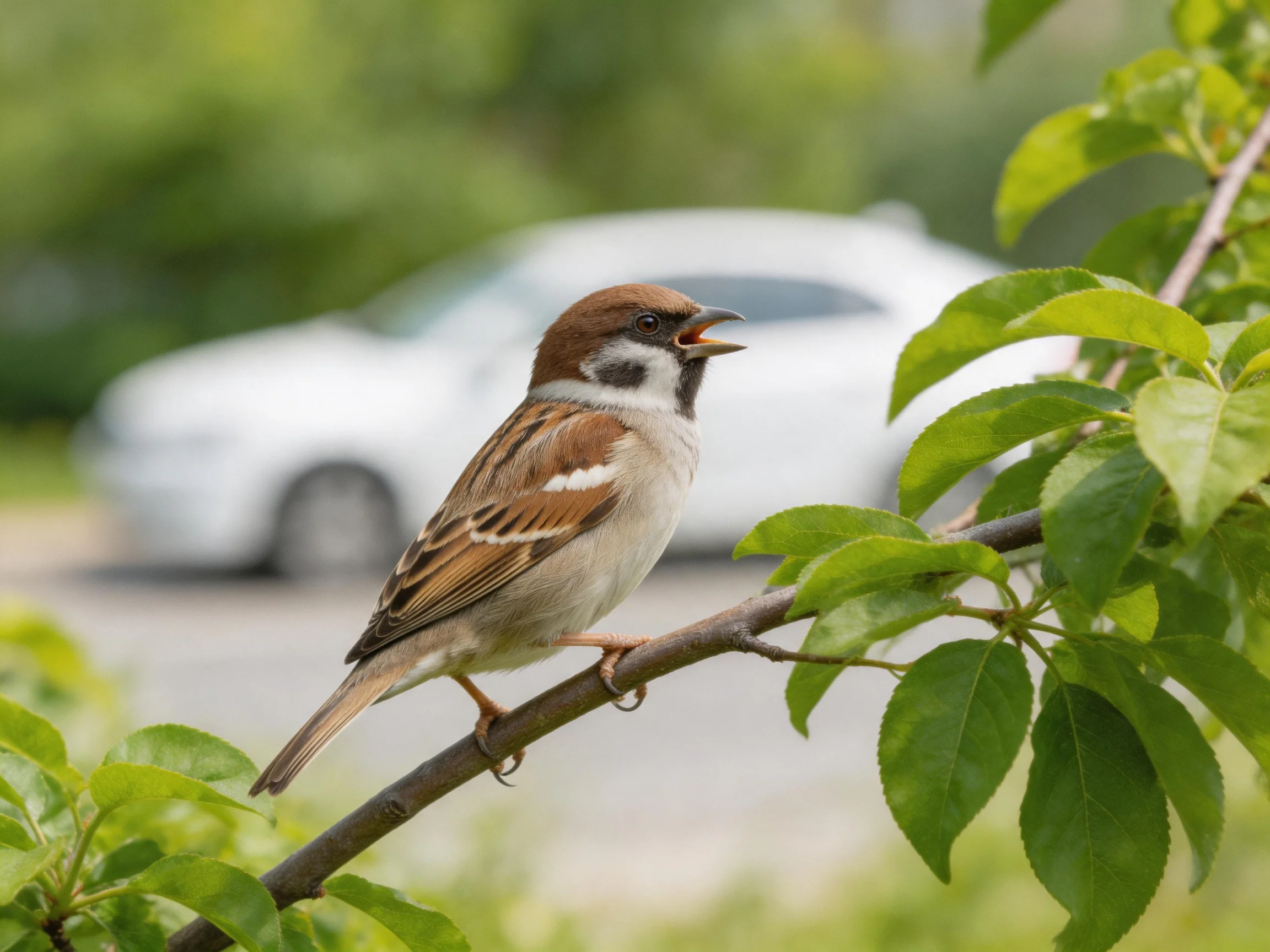 Brown-spotted sparrow perched on leafy branch with blurred white car