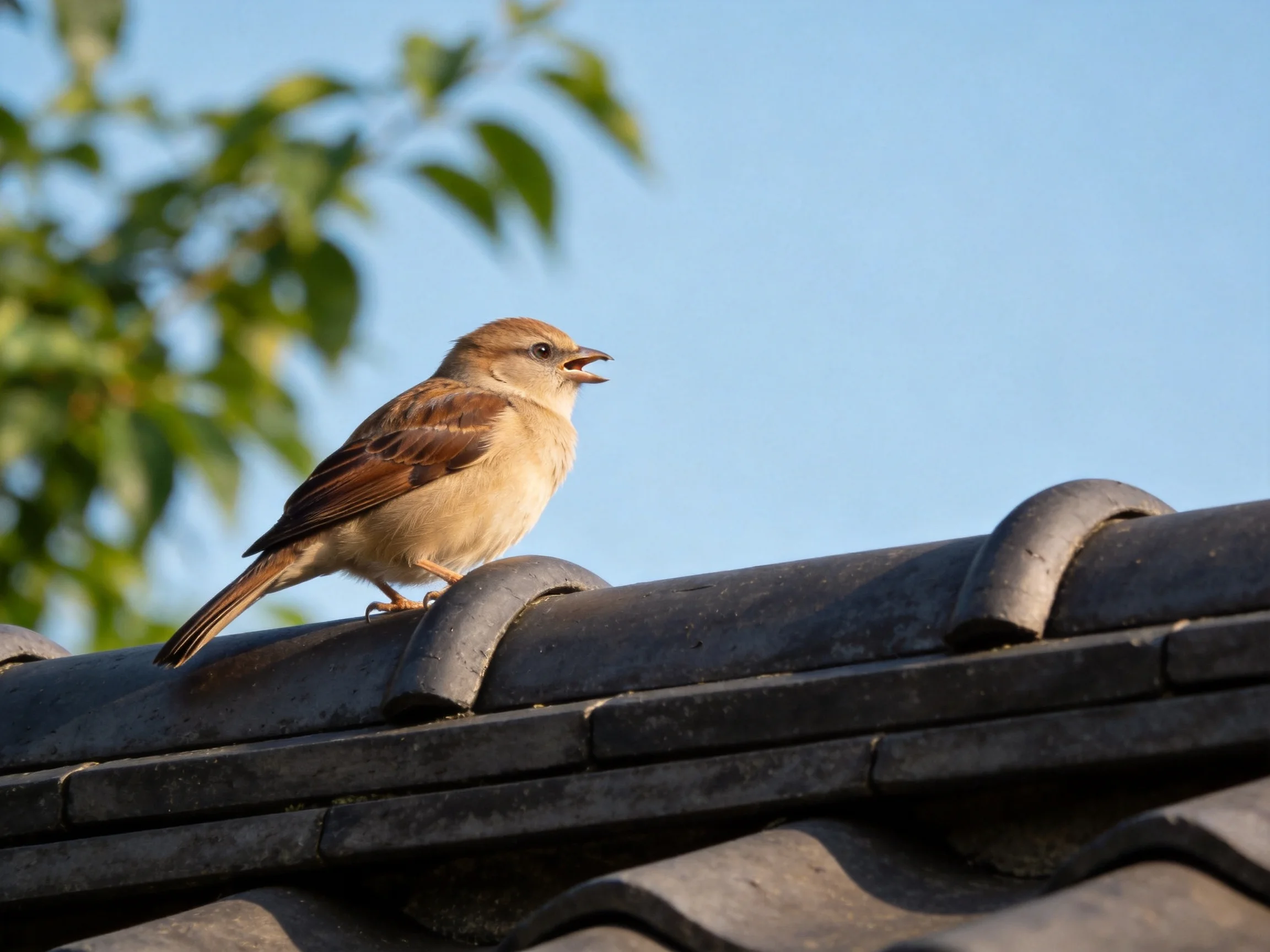 Brown-spotted sparrow perches on dark roof tiles under clear sky
