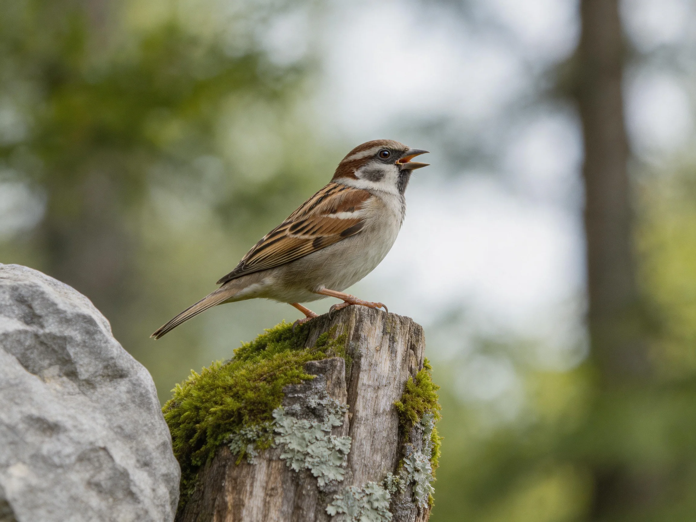 Brown-spotted sparrow perches on mossy wooden stump near large rock