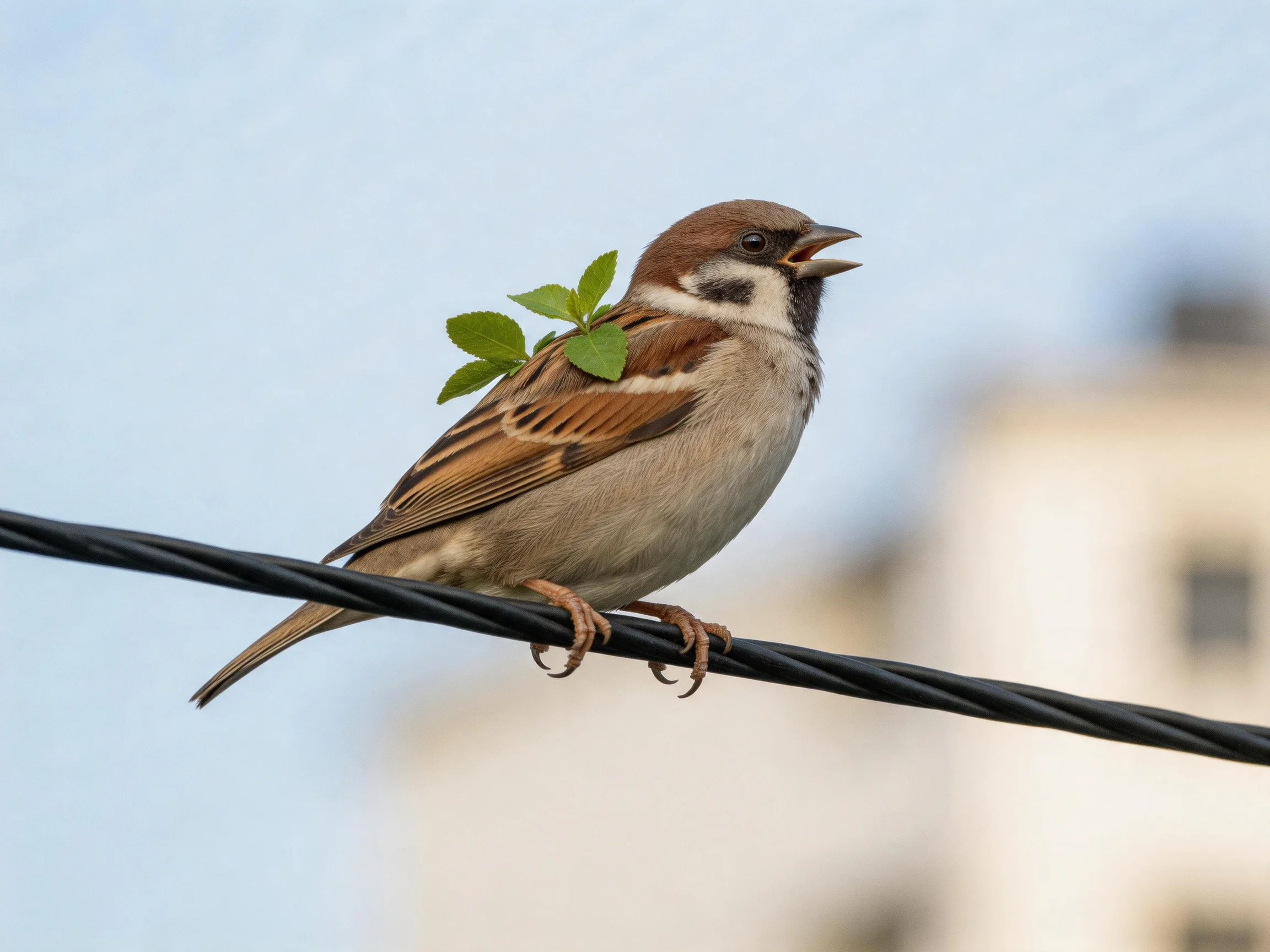 Brown-spotted sparrow with green leaves perches on black wire