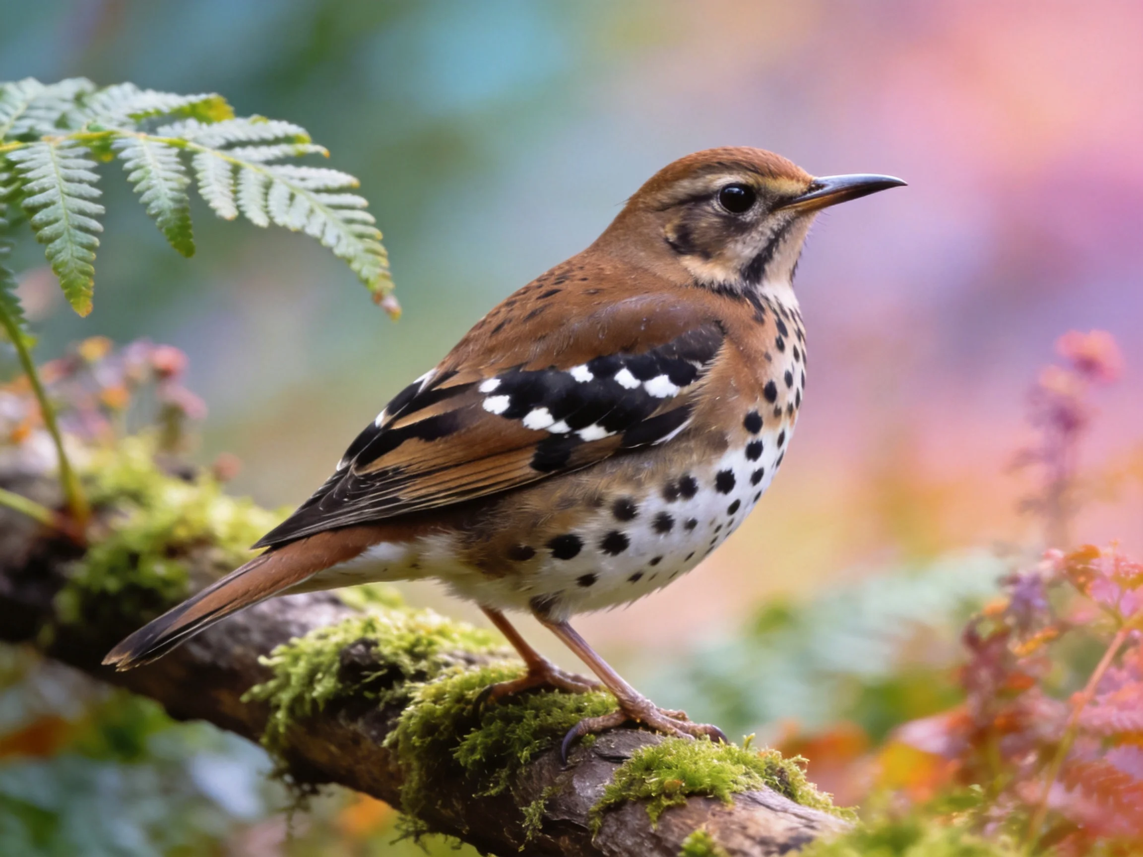 Brown-spotted thrush perched on mossy forest branch