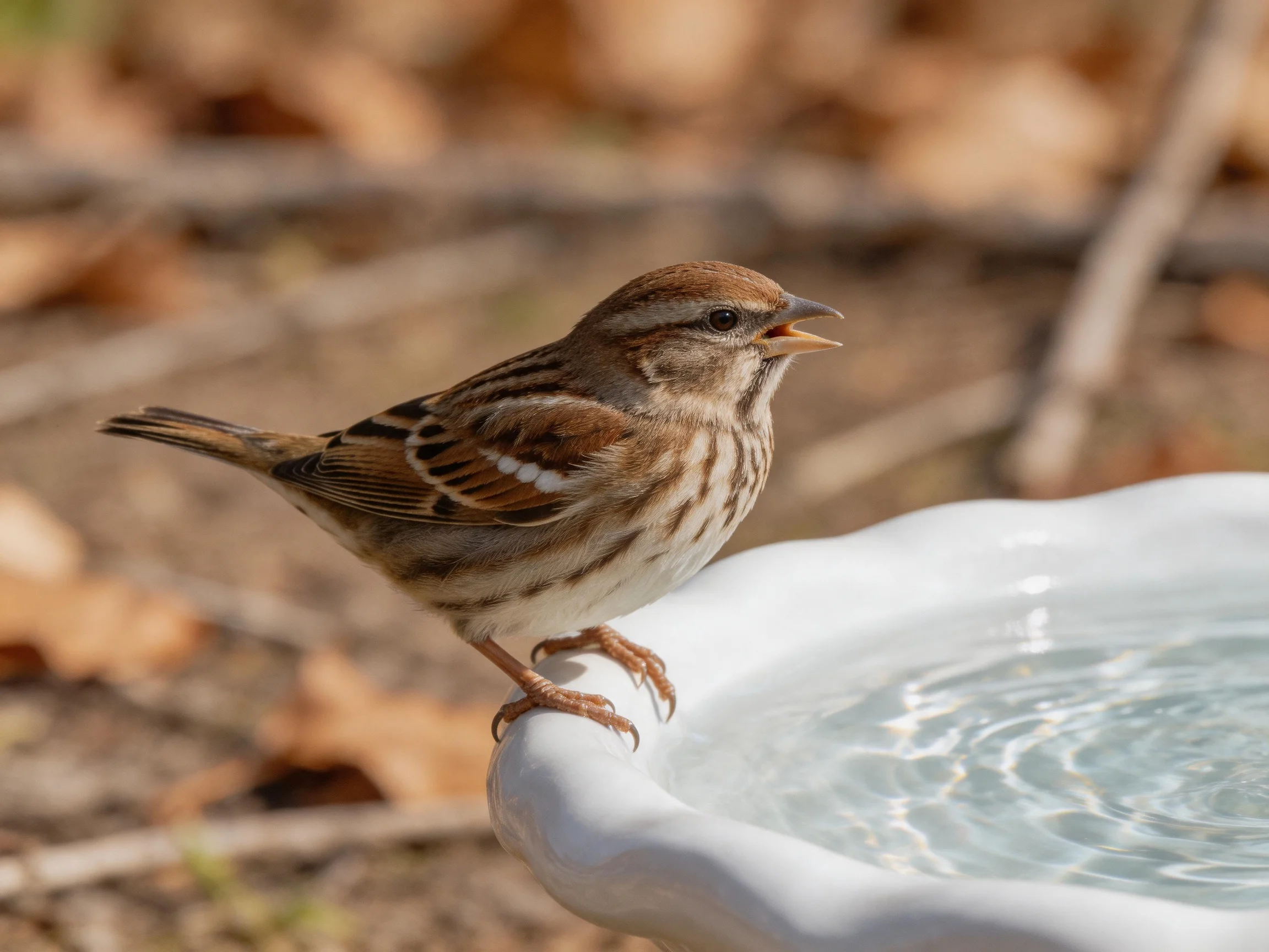 Brown-striped sparrow perched on white ceramic birdbath with water