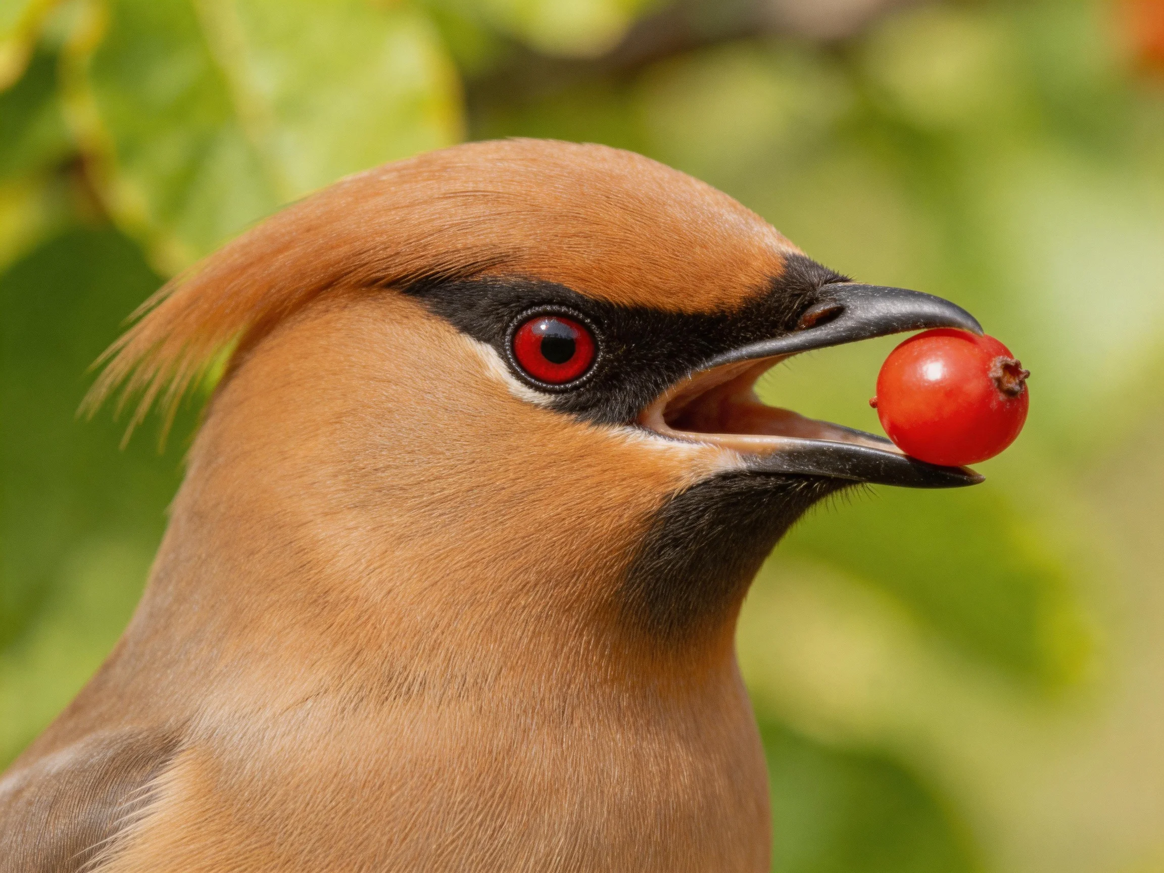 Brown waxwing with red berry near green foliage